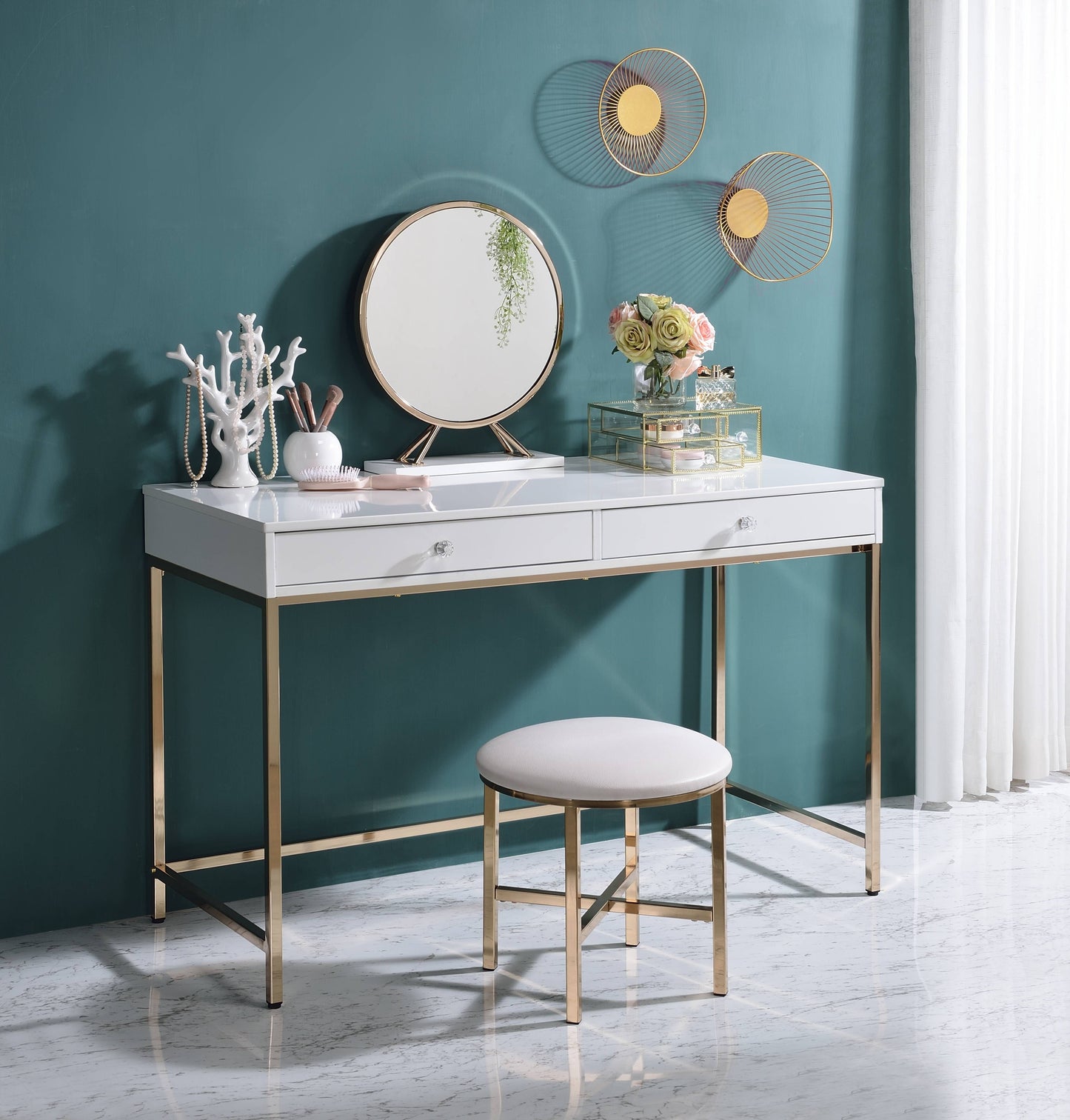 White gloss vanity desk with gold legs and matching stool