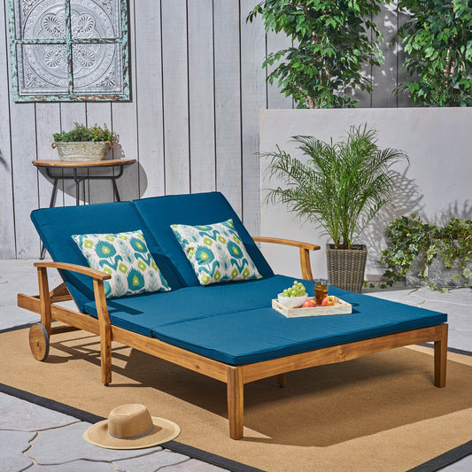 TREATLIFE HOME Dual Chaise Lounge with Adjustable Backrest, Outdoor Use, Stylish Green Cushions, Teak Finish