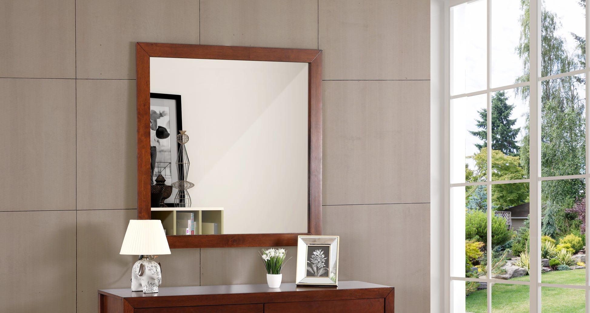 Solid wood framed wall mirror with dark brown finish