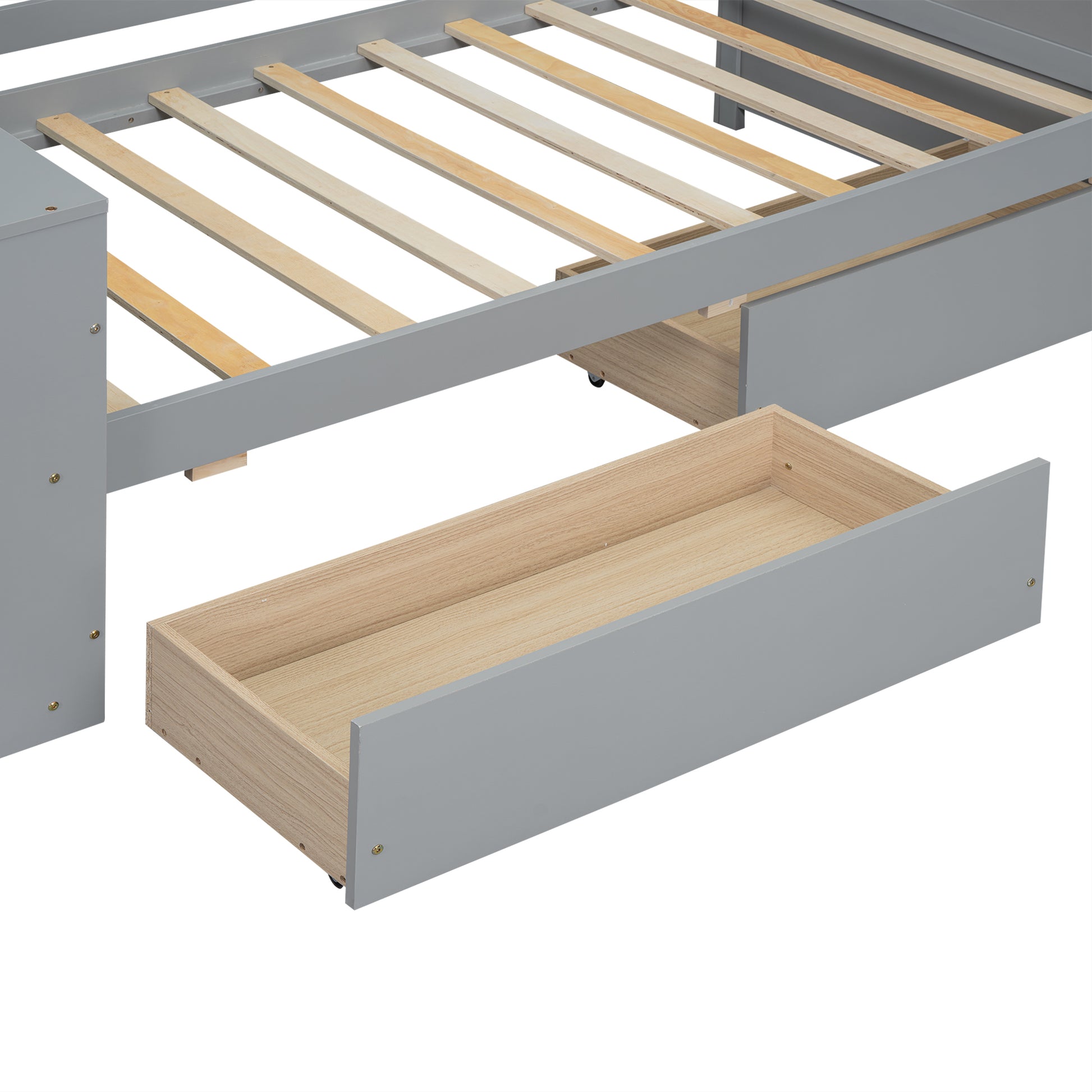 Gray twin bed frame with open storage drawer