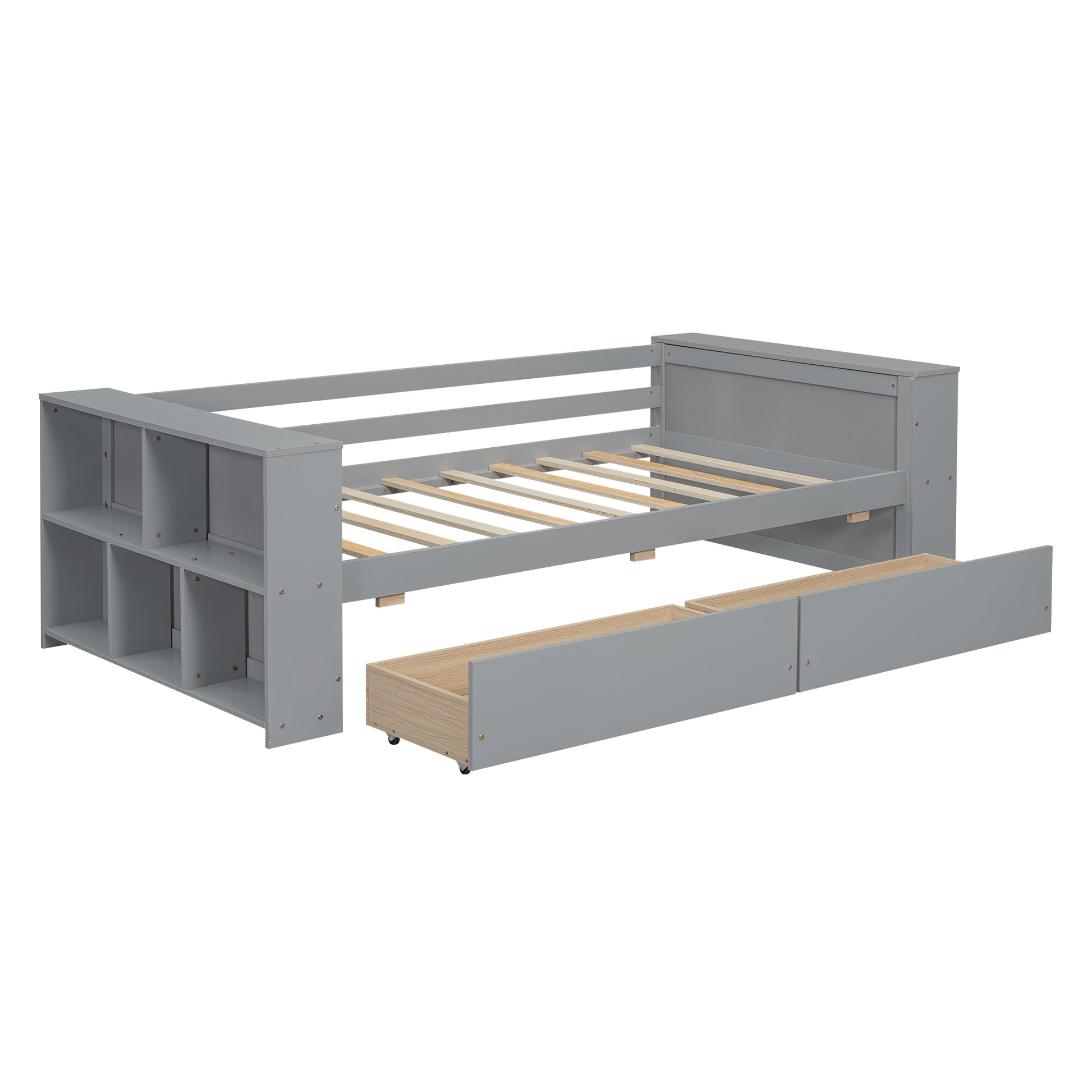 Grey wooden twin daybed with storage shelves and pullout trundle drawer