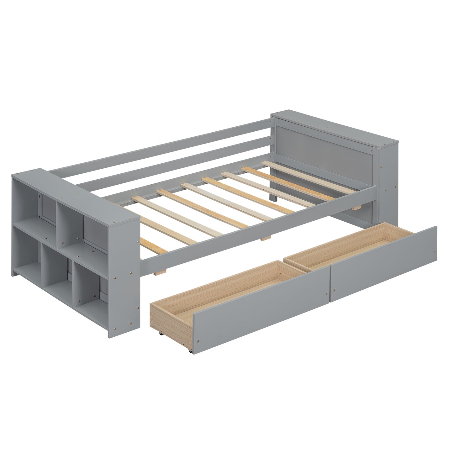 Gray wooden twin daybed with storage drawers and builtin shelves
