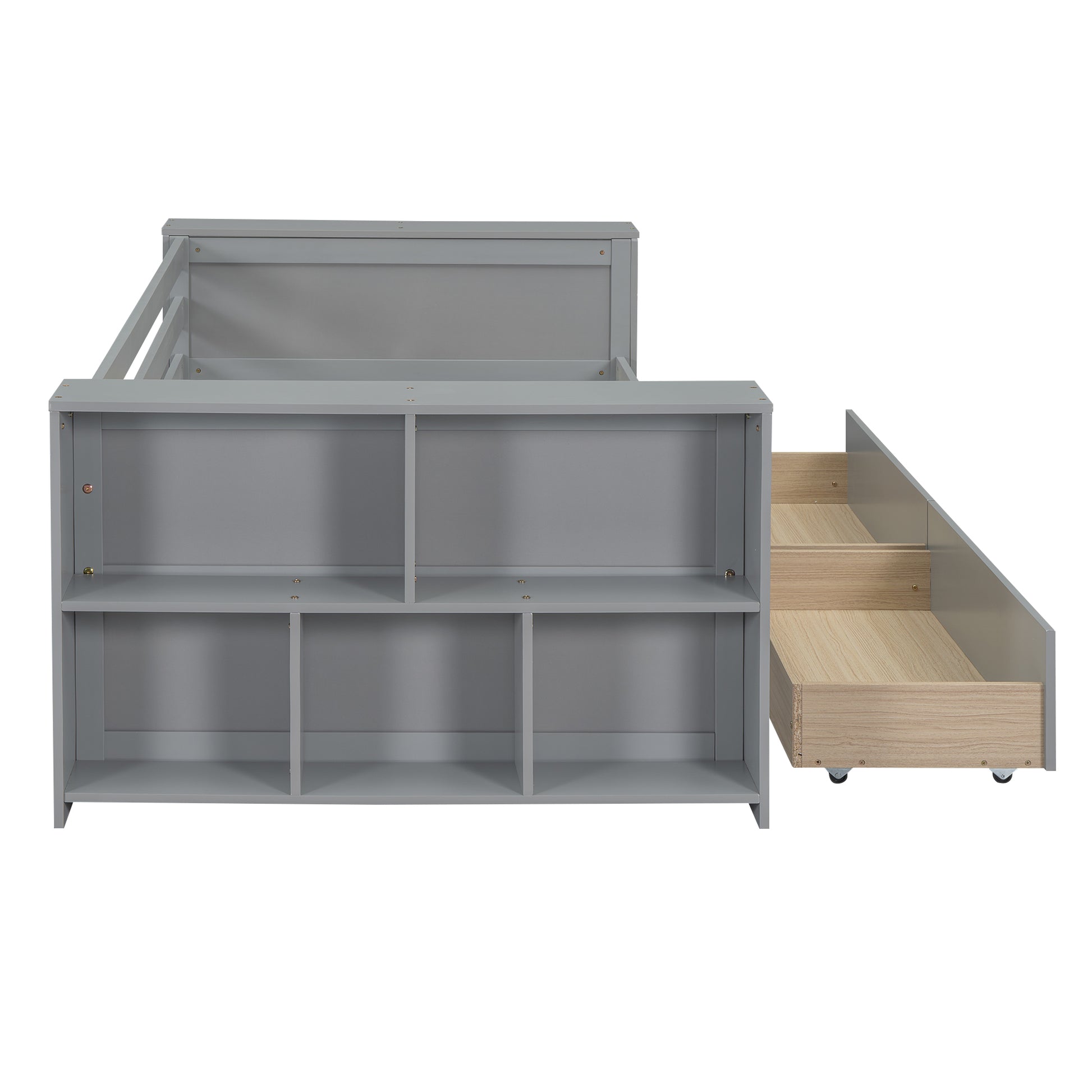 Grey wooden toddler bed frame with builtin shelves and open drawer