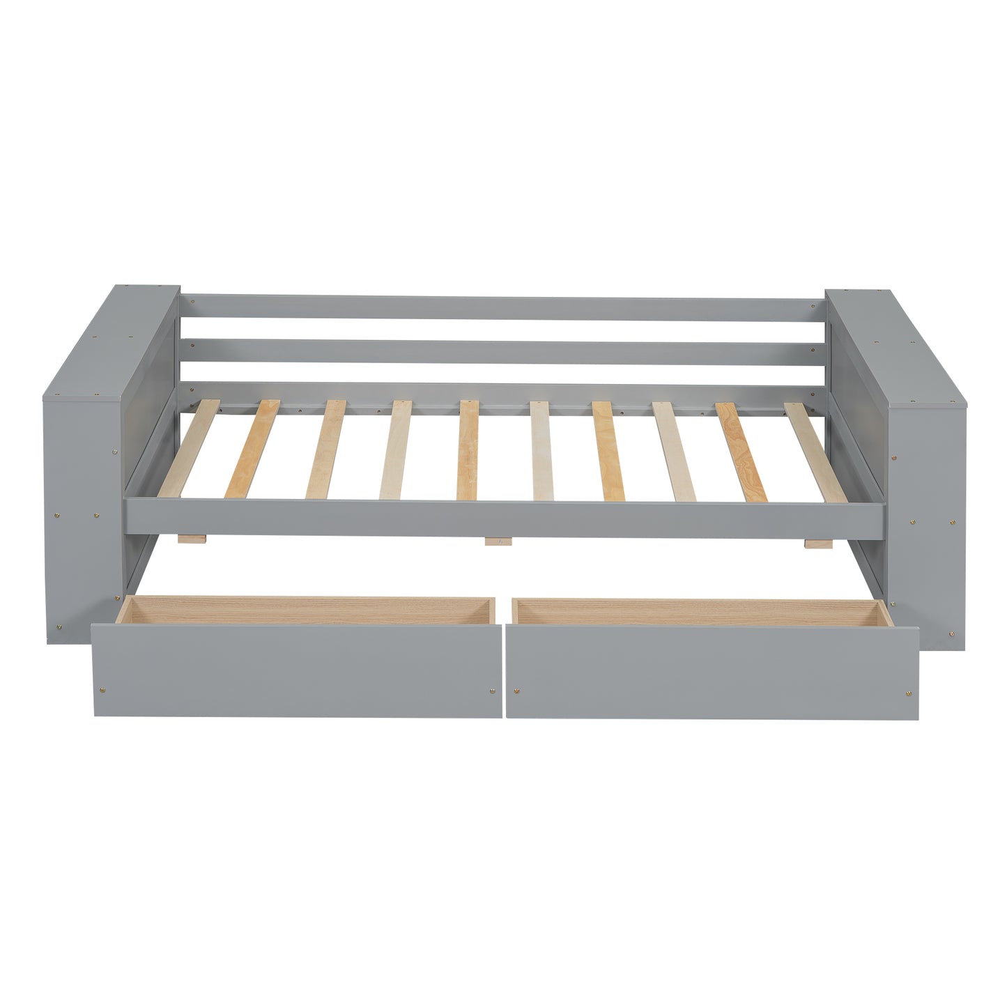 Gray twin daybed frame with open drawers and slatted support