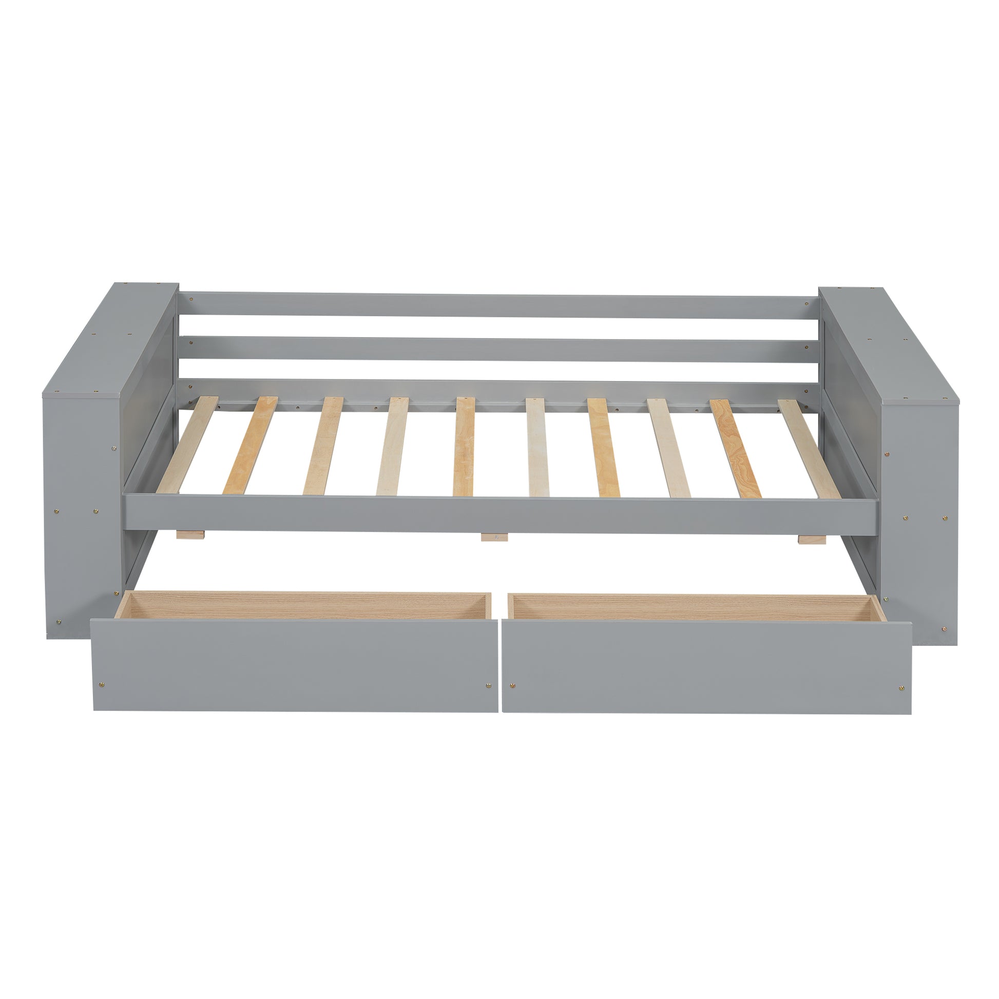 Gray twin daybed frame with open drawers and slatted support