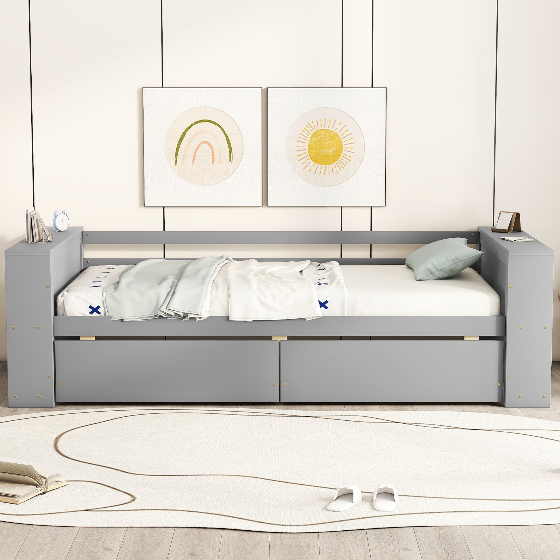 Gray wood daybed with trundle and two drawers perfect for a childs room