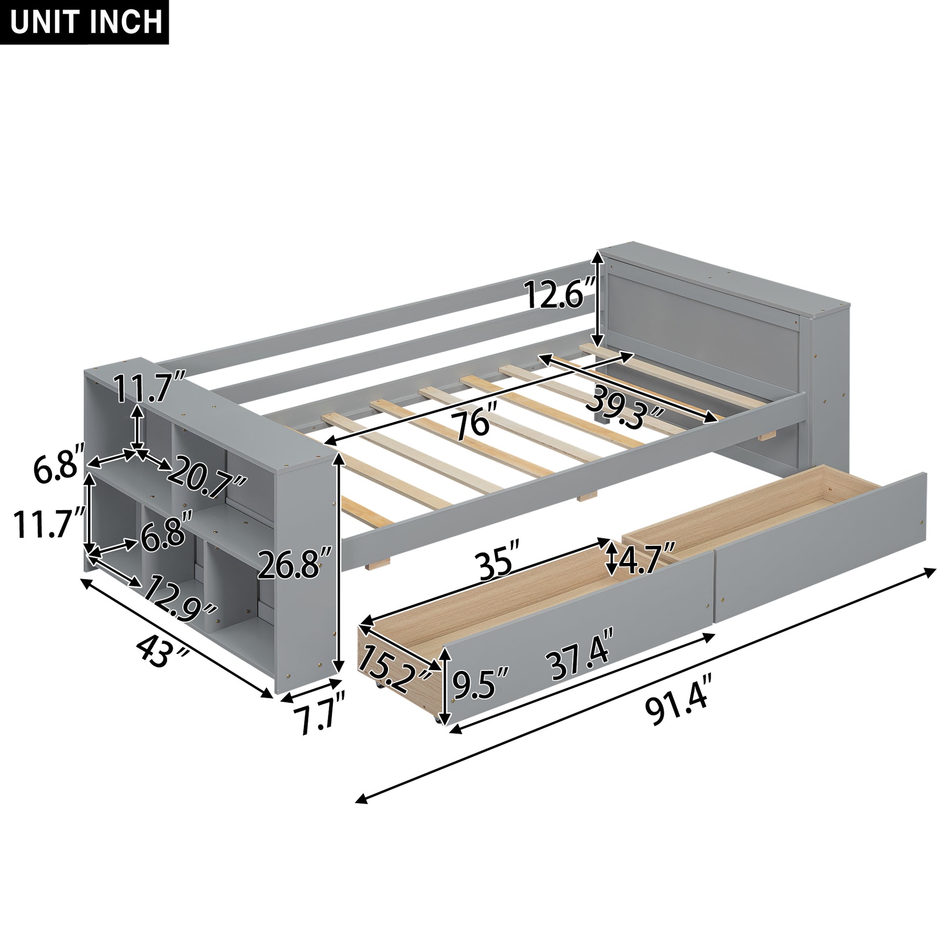 Gray twin daybed with builtin storage drawers and side shelves
