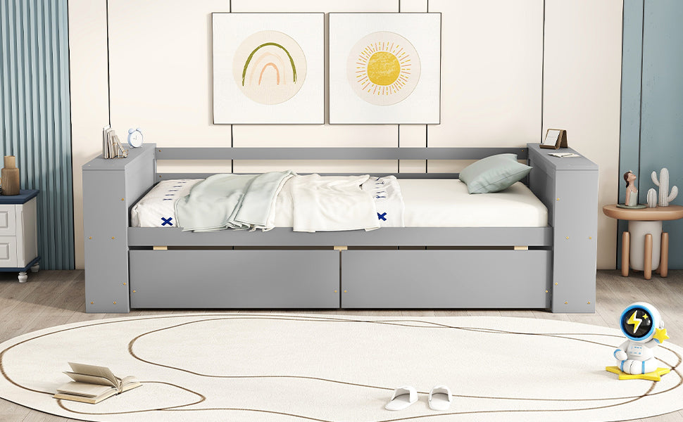 Gray wooden daybed with two drawers and included bedding