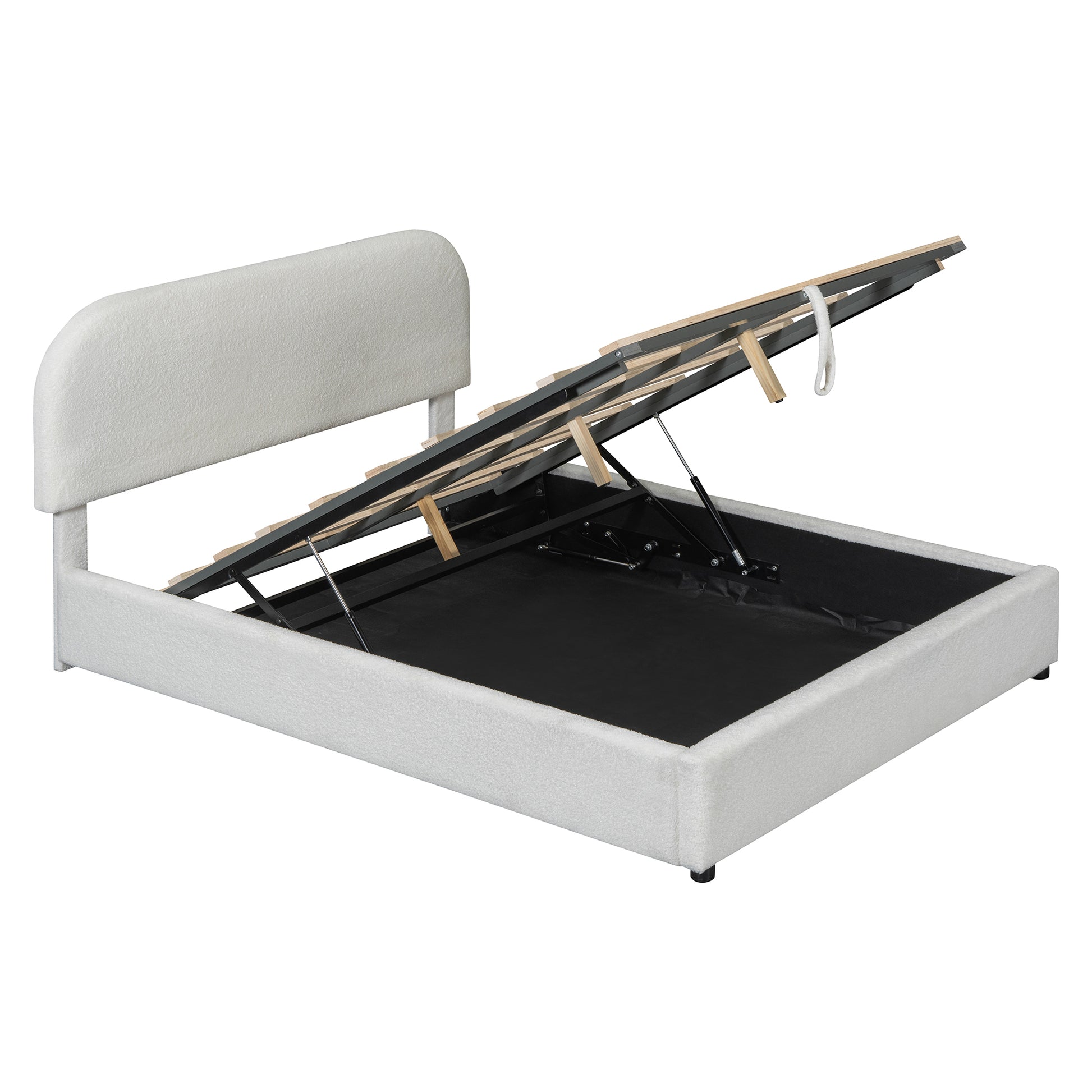 White upholstered storage bed frame with liftup mattress base