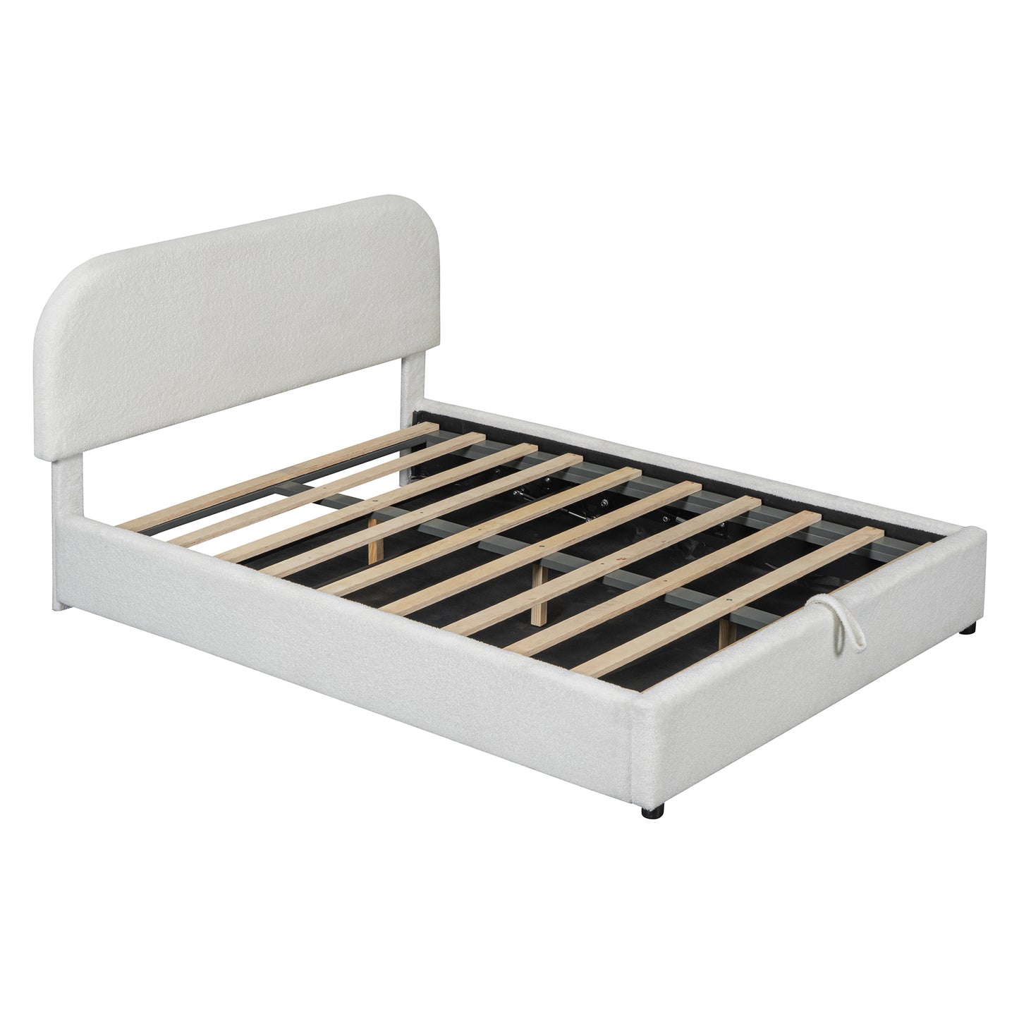 White upholstered bed frame with a curved headboard and wooden slats