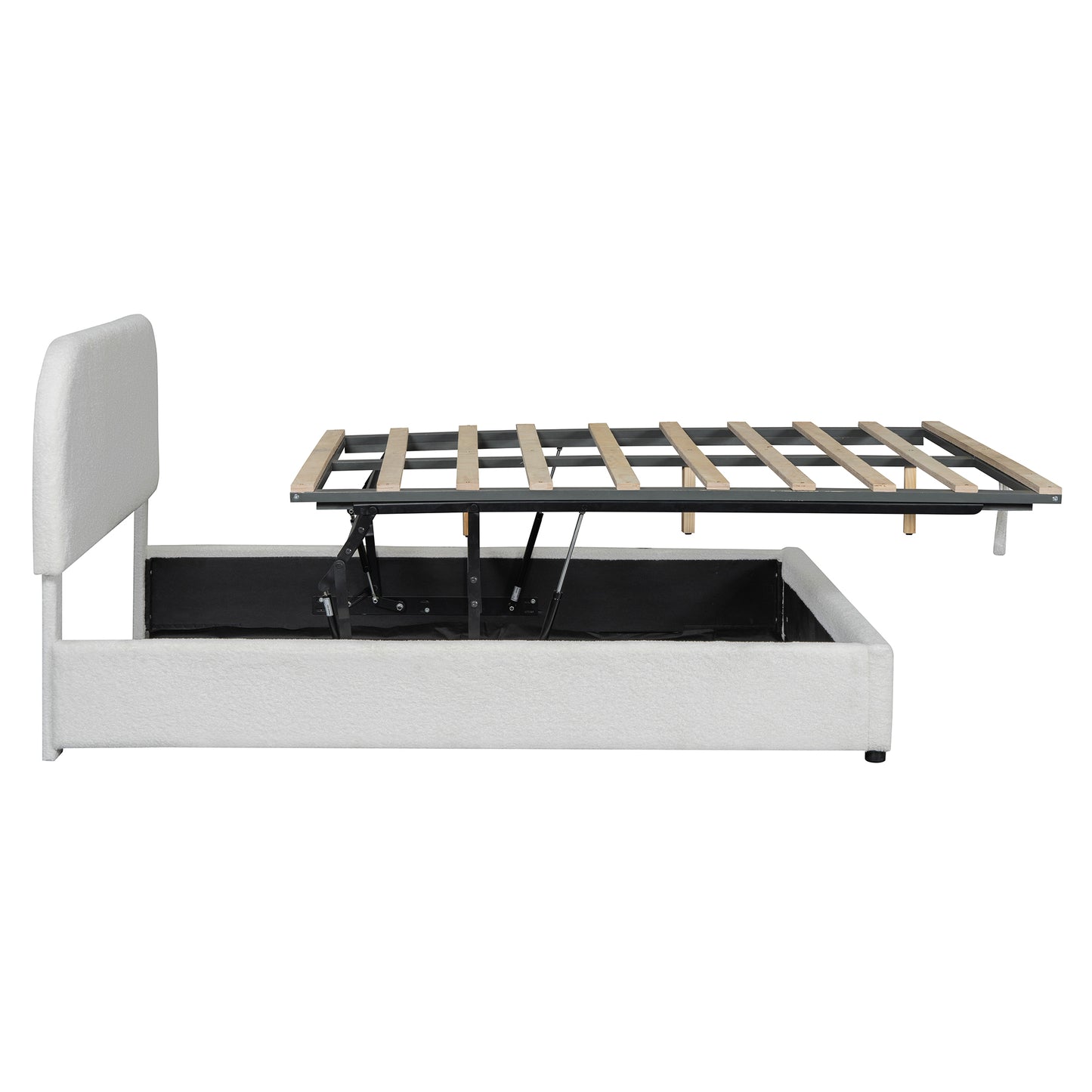 White boucl storage bed frame with open liftup mattress base