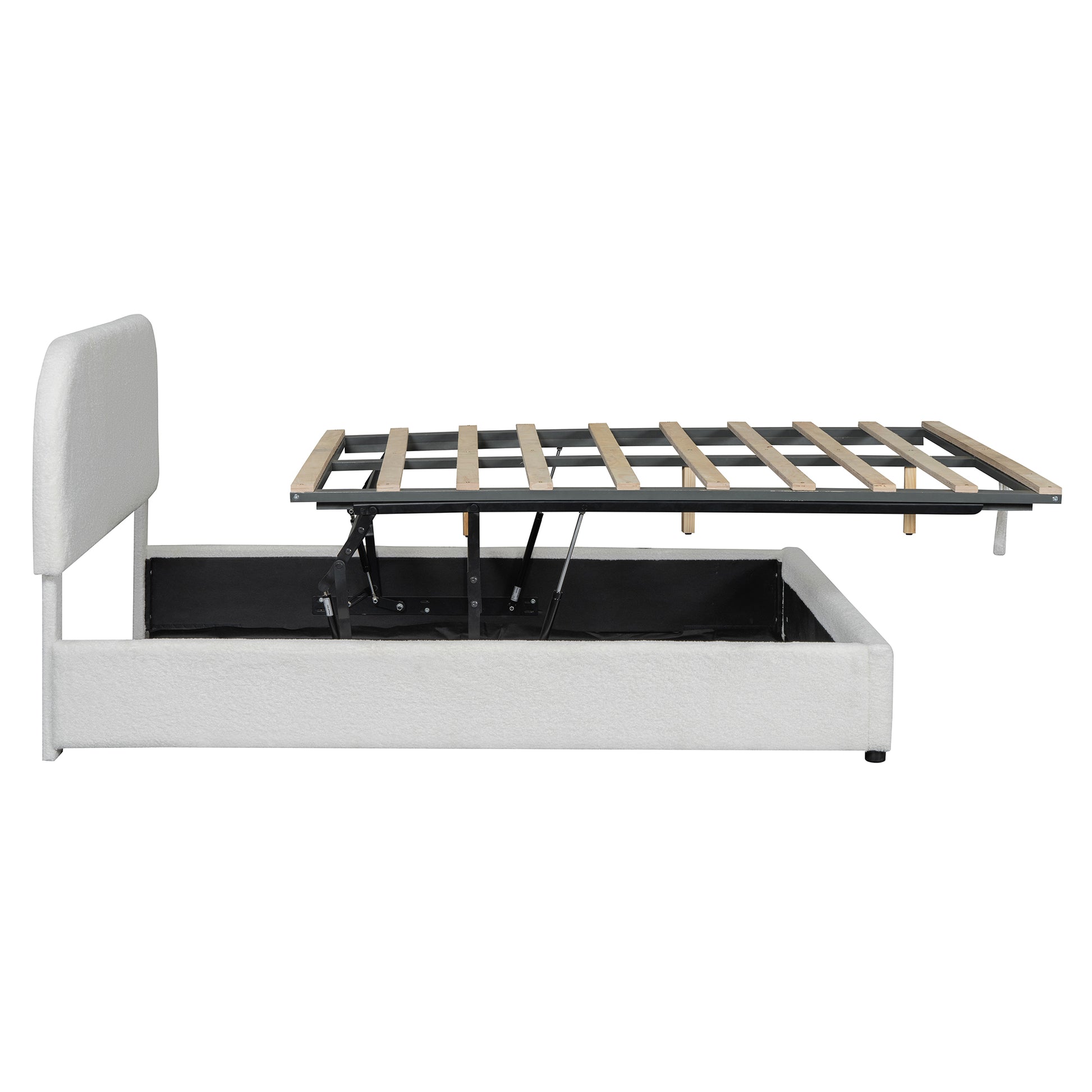 White boucl storage bed frame with open liftup mattress base