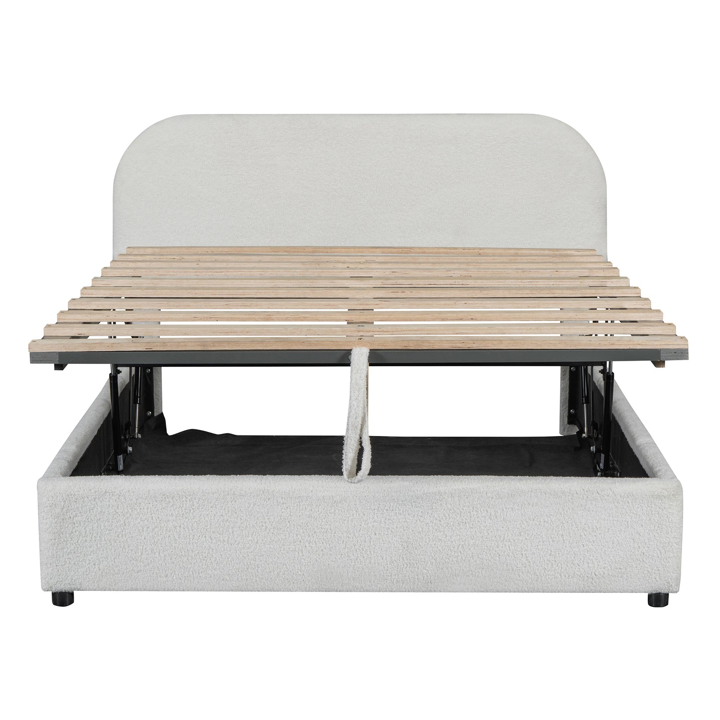 Upholstered grey fabric bed frame with gas lift storage mechanism