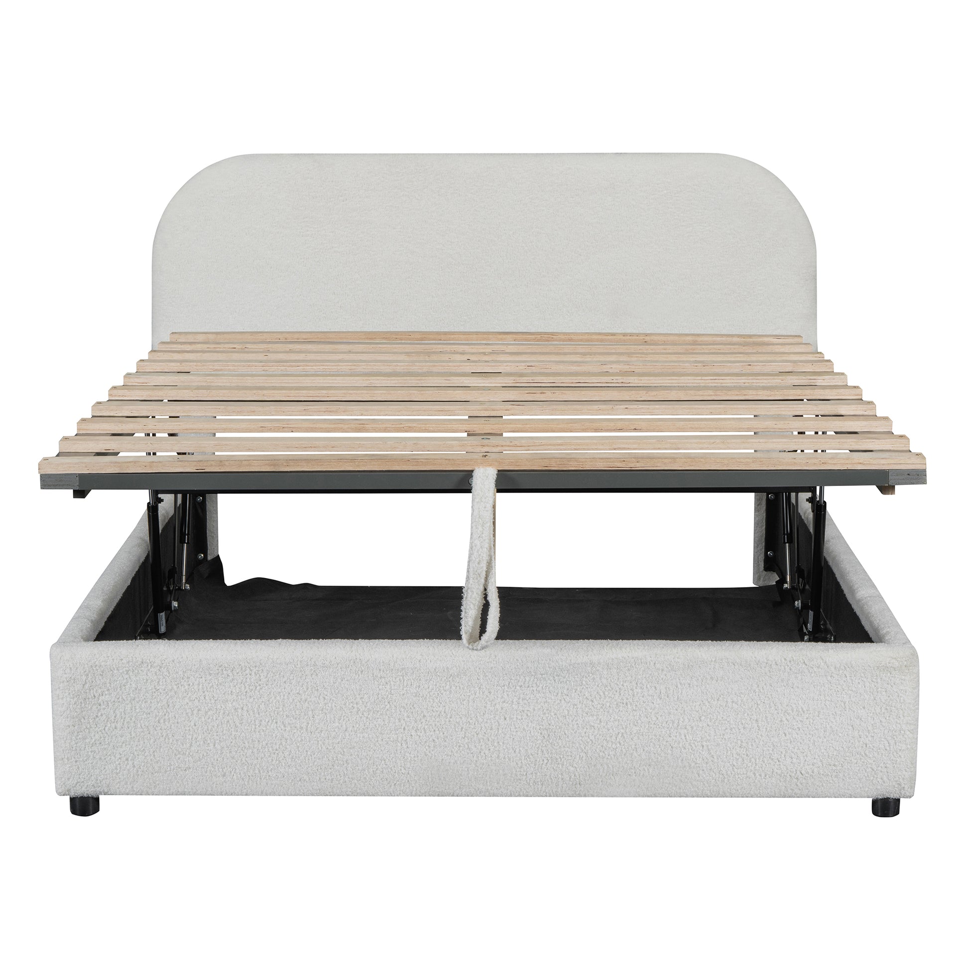 Upholstered grey fabric bed frame with gas lift storage mechanism