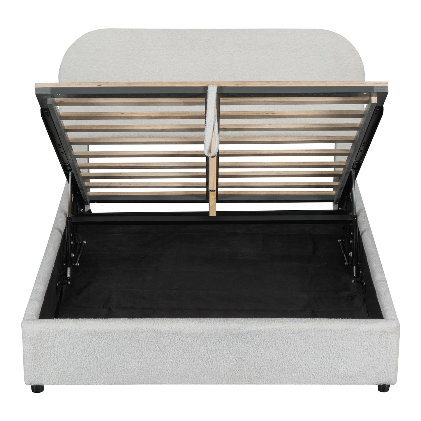 White fabric bed frame with open storage base and wooden slats