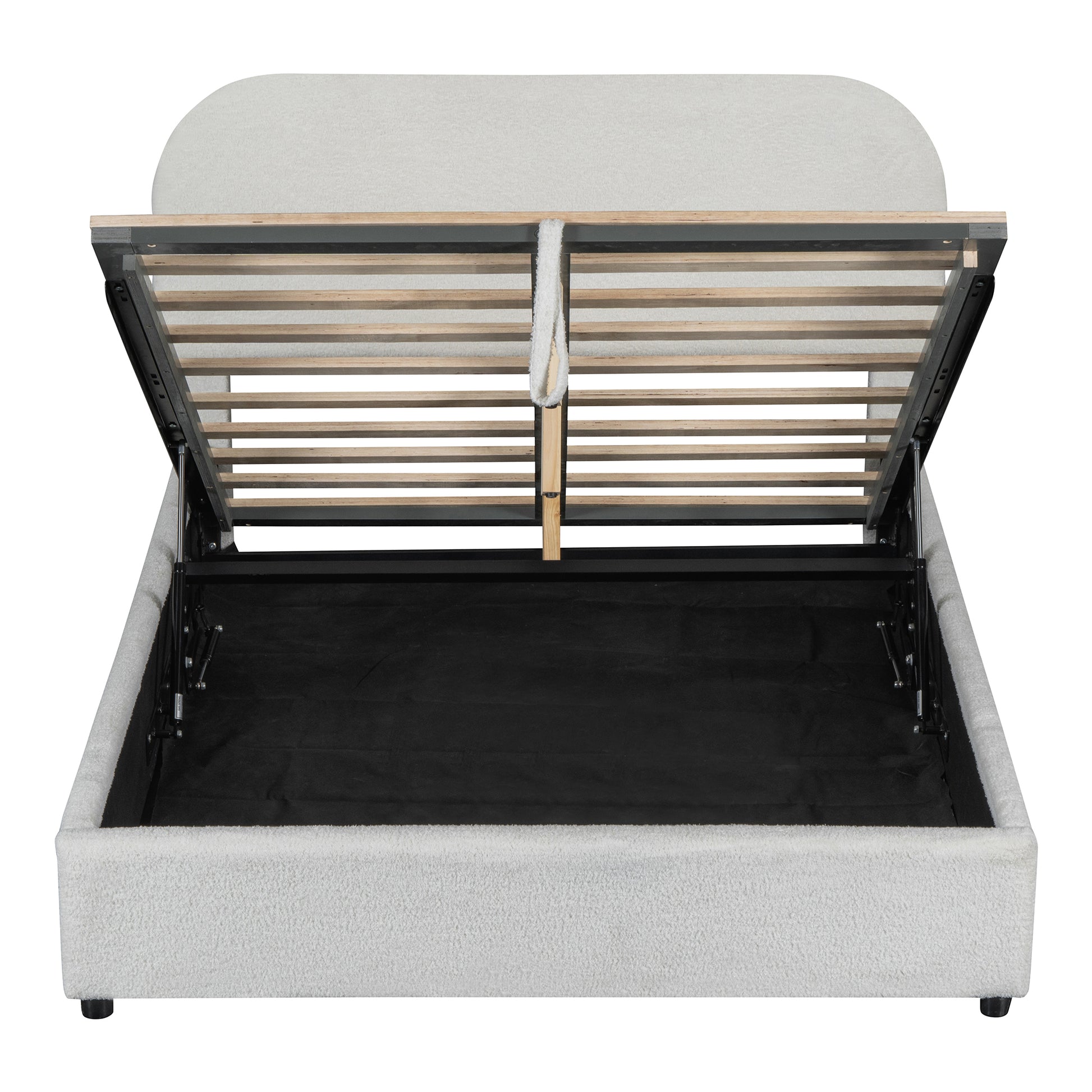 White fabric bed frame with open storage base and wooden slats