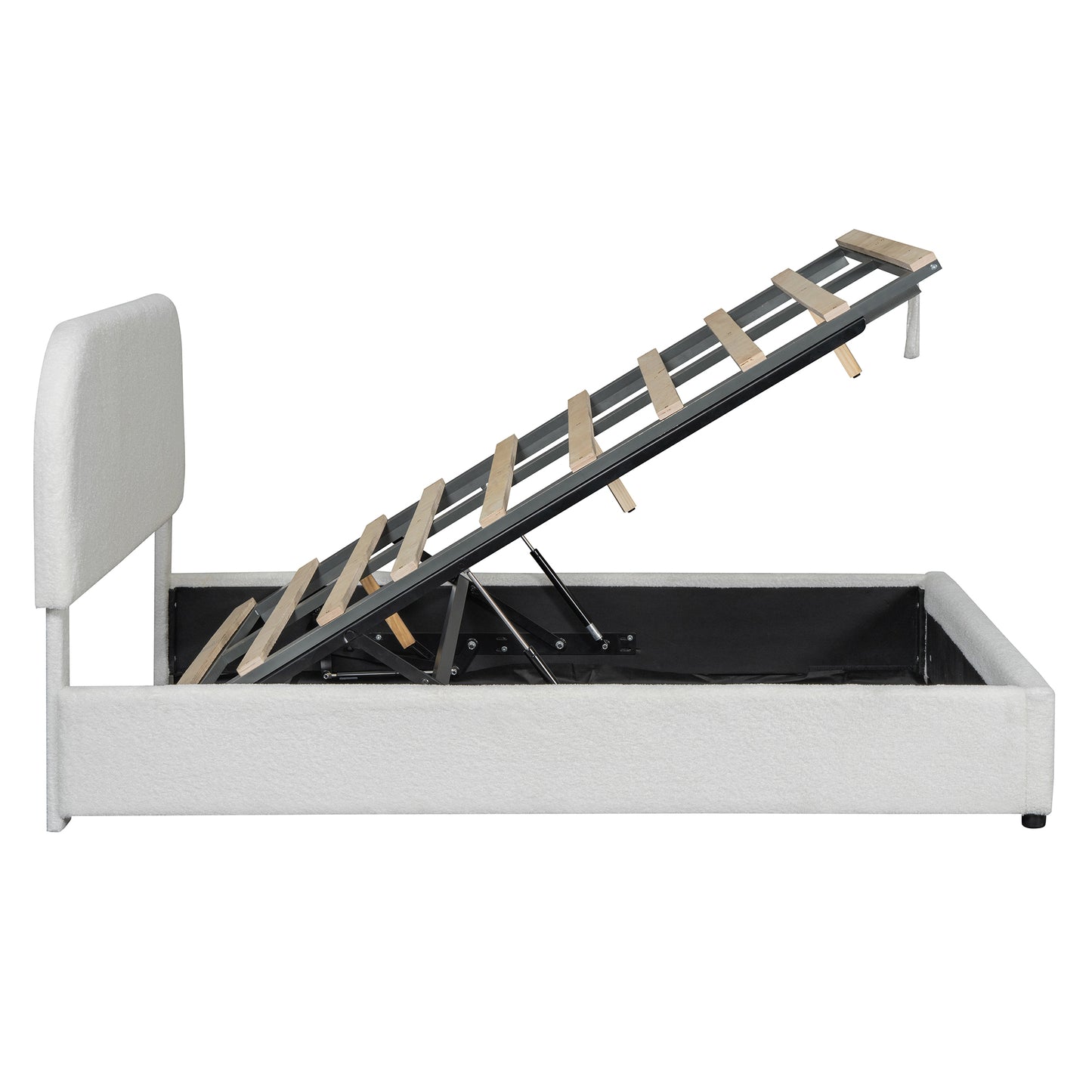 White upholstered bed frame with open liftup mechanism and wooden slats