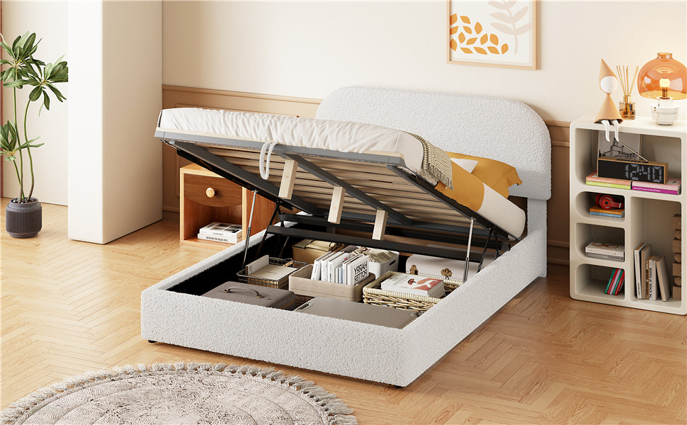 White teddy fabric storage bed frame with open mattress support and organized underbed storage compartments
