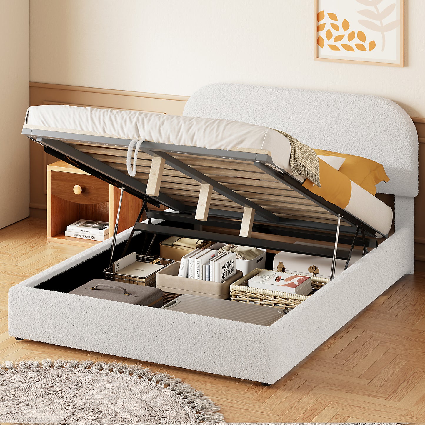 White sherpa upholstered bed frame with open storage