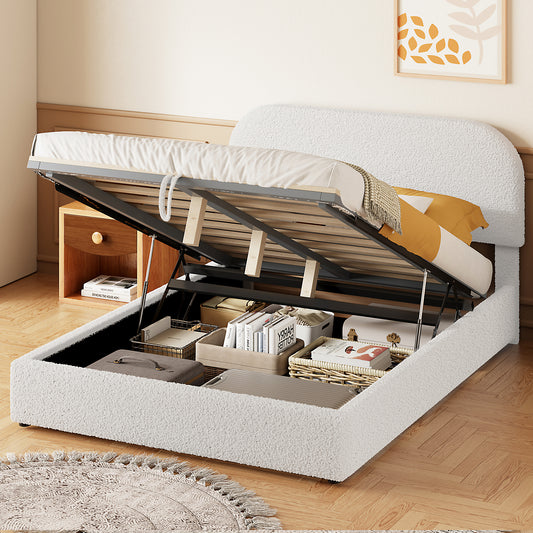 White sherpa upholstered bed frame with open storage