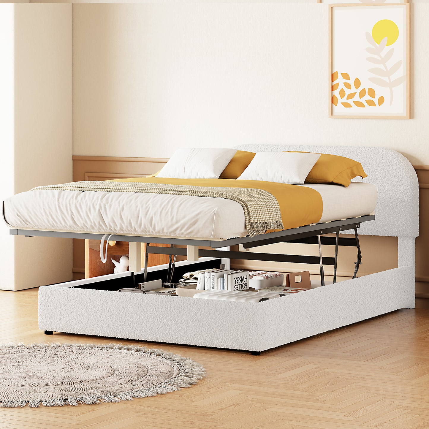 White boucle upholstered bed frame with liftup storage