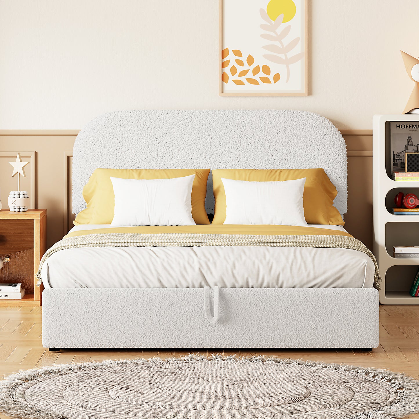 Cozy white boucle fabric bed frame with a curved headboard and yellow bedding