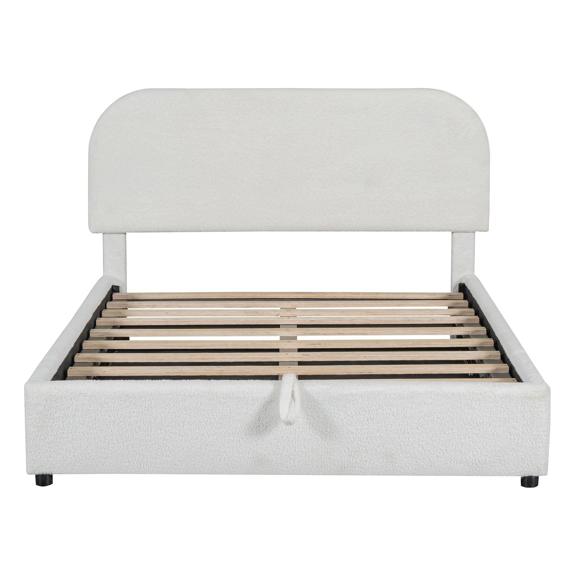 White boucle fabric bed frame with curved headboard and wooden slat support