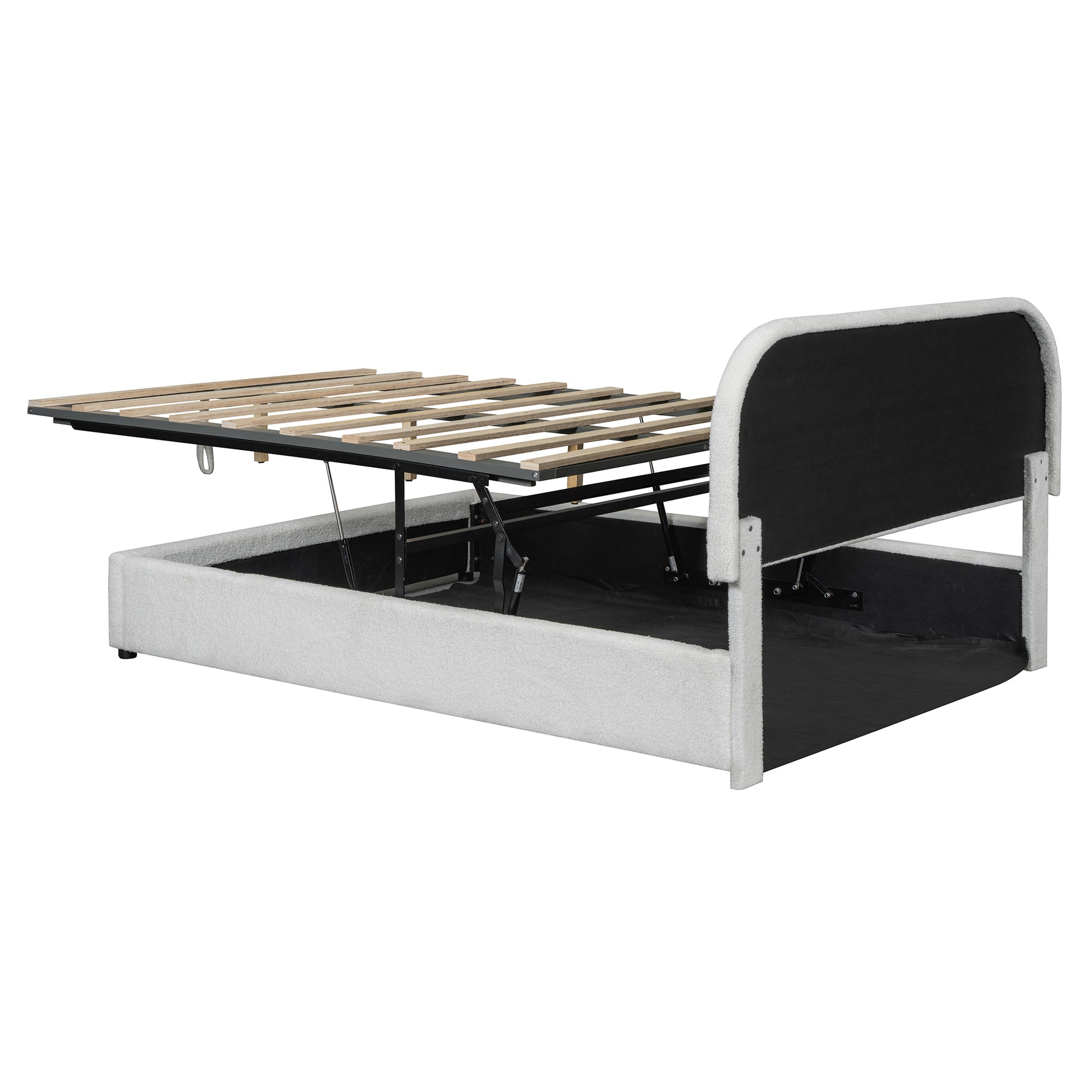 White fabric bed frame with storage lift mechanism and wooden slats visible