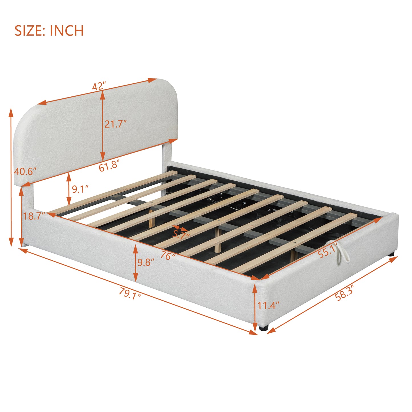 White upholstered twin bed frame with wood slats and dimension labels