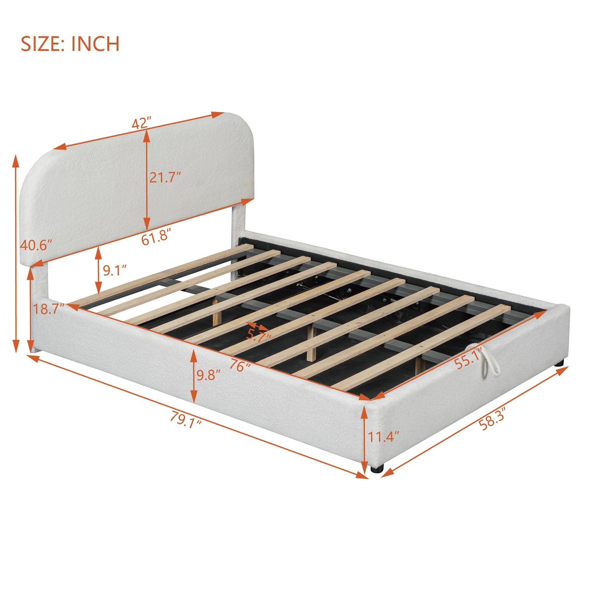 White upholstered twin bed frame with wood slats and dimension labels