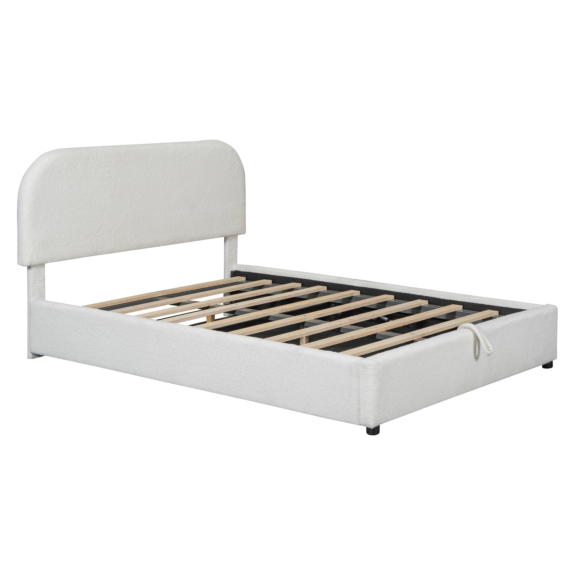White boucle upholstered bed frame with curved headboard and wooden slats