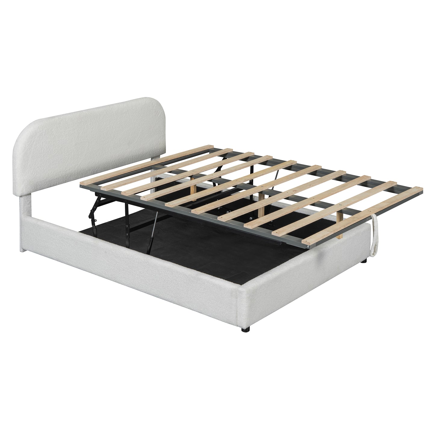 White upholstered storage bed frame with slatted liftup mattress base