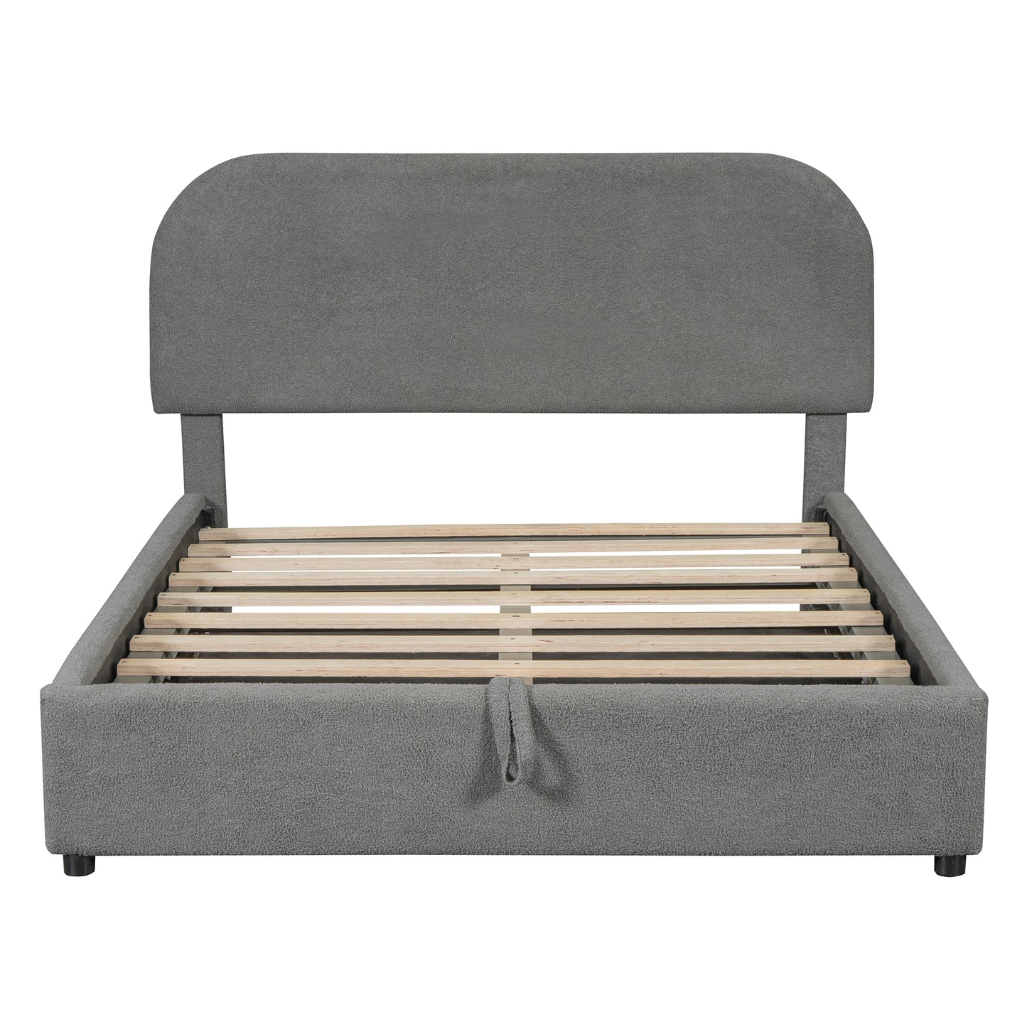 Grey upholstered platform bed frame with wooden slats