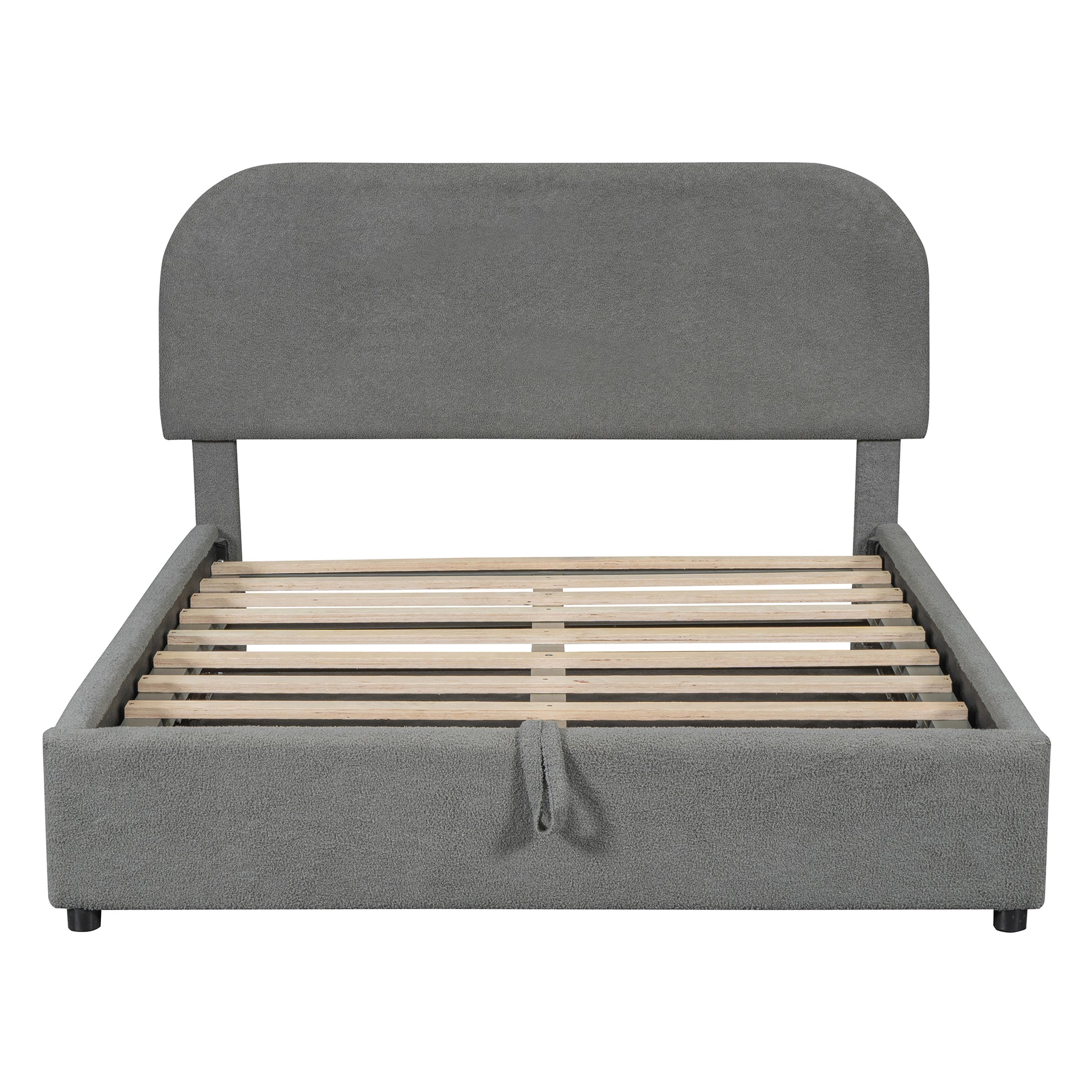 Grey upholstered platform bed frame with wooden slats