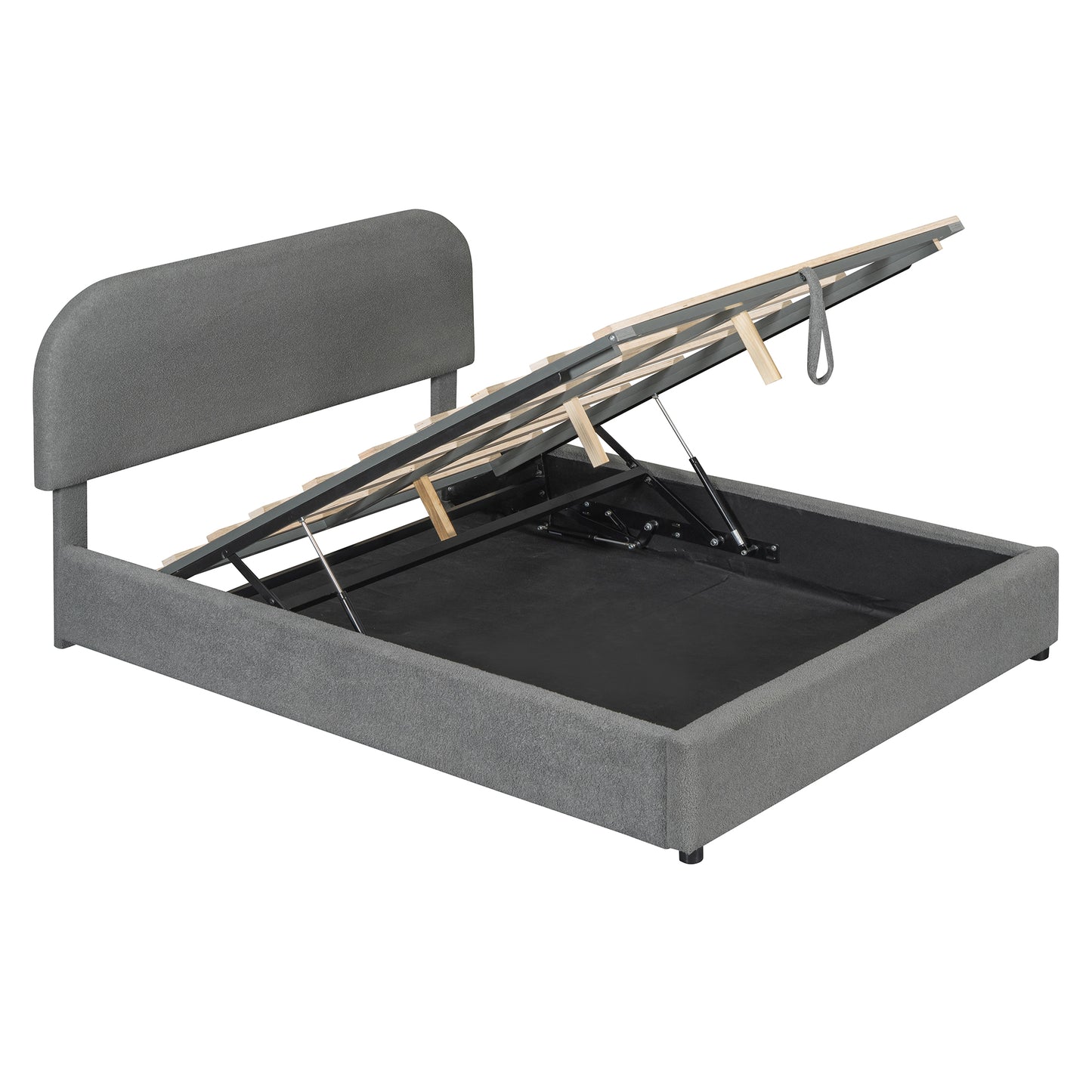 Grey fabric storage bed frame with ottoman lift mechanism