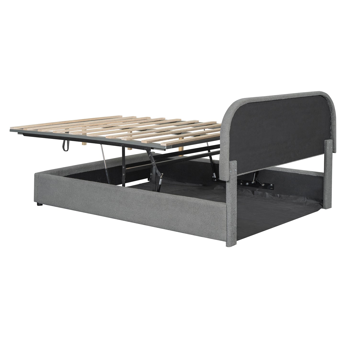 Grey fabric ottoman bed with lifted mattress frame