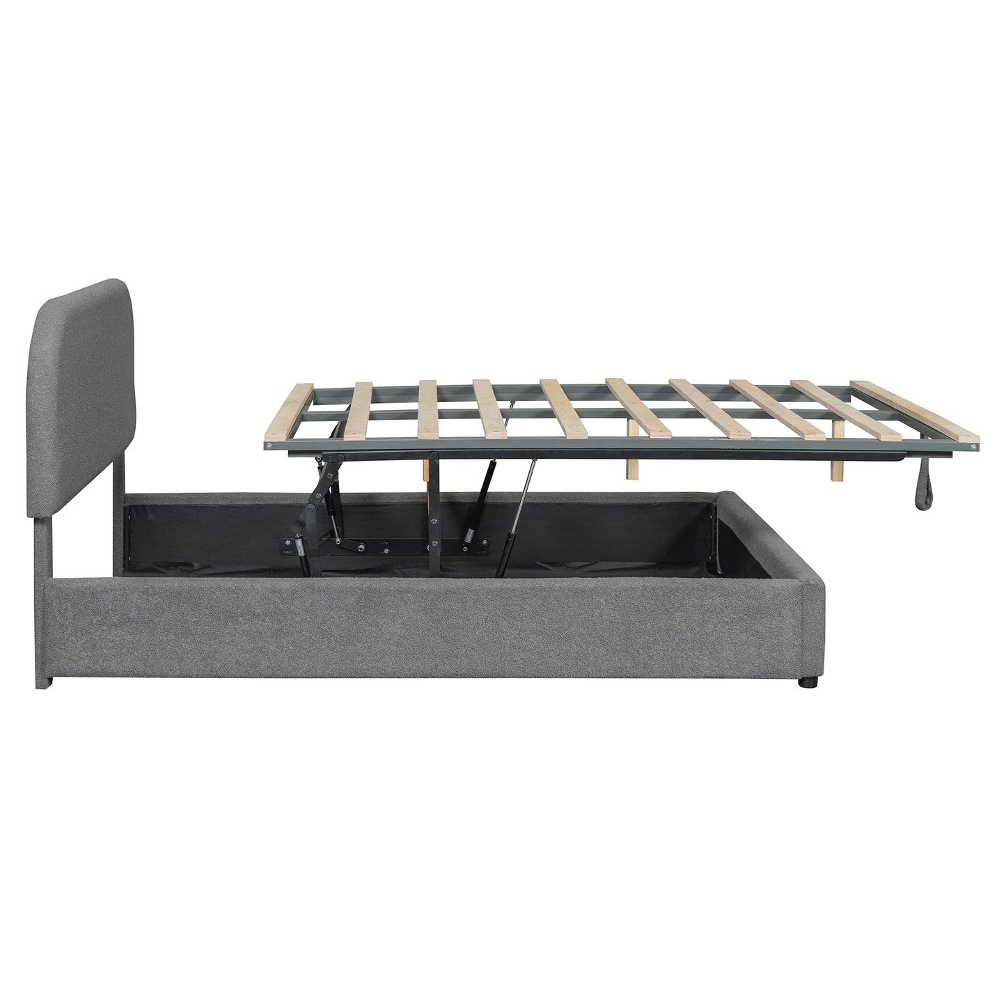 Gray upholstered storage bed frame with gas lift mechanism and slatted base
