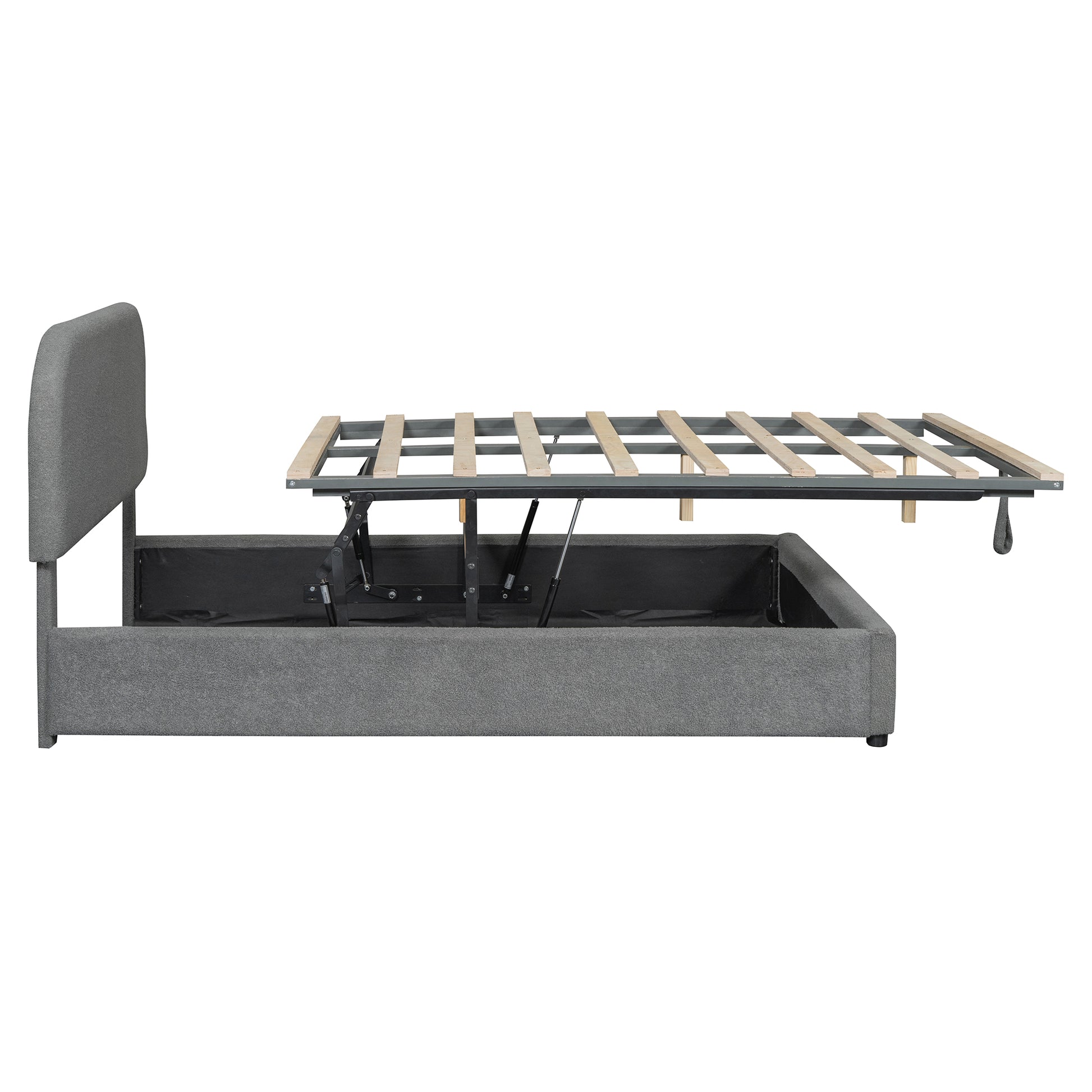 Gray upholstered storage bed frame with gas lift mechanism and slatted base