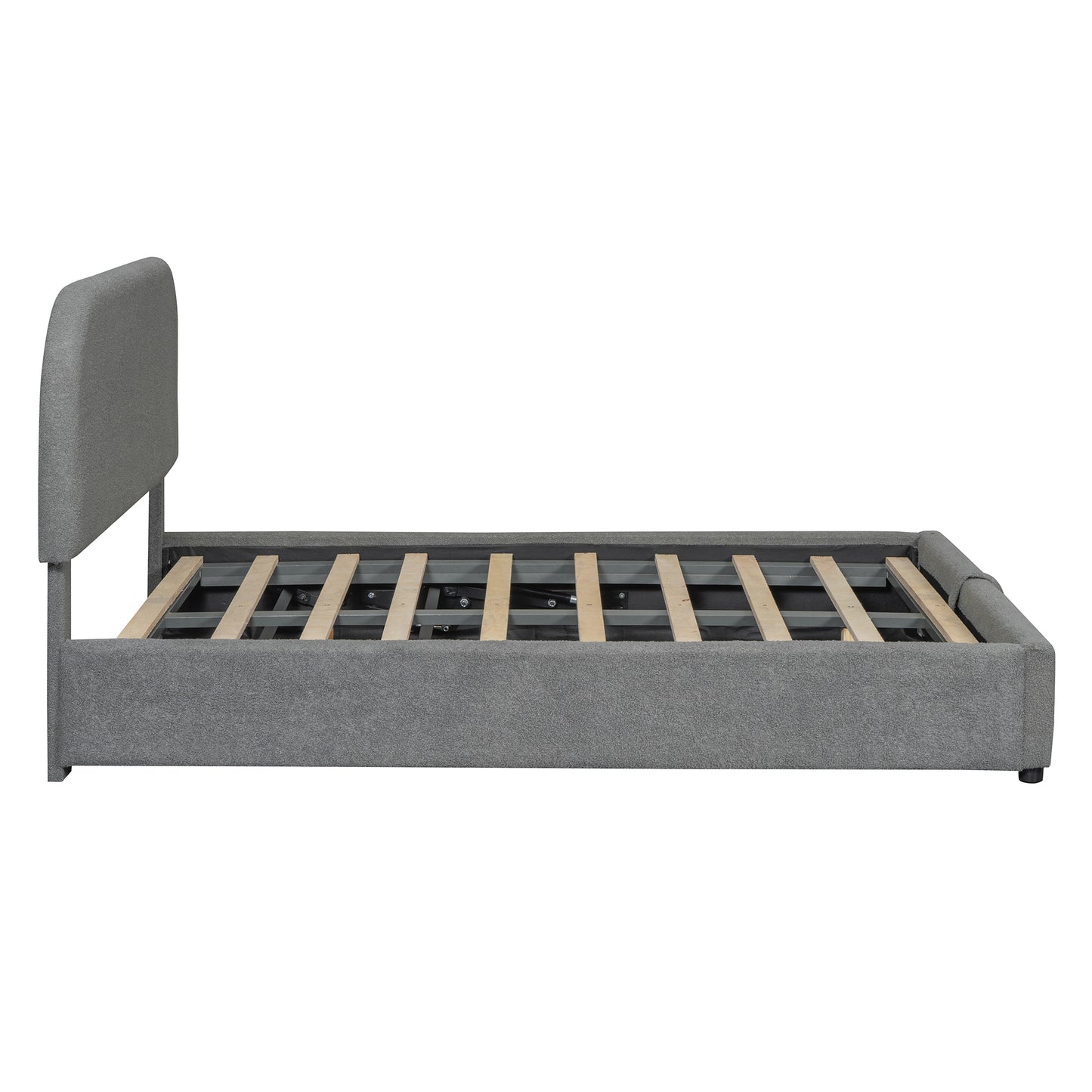 Grey upholstered platform bed frame with wooden slats and a curved headboard