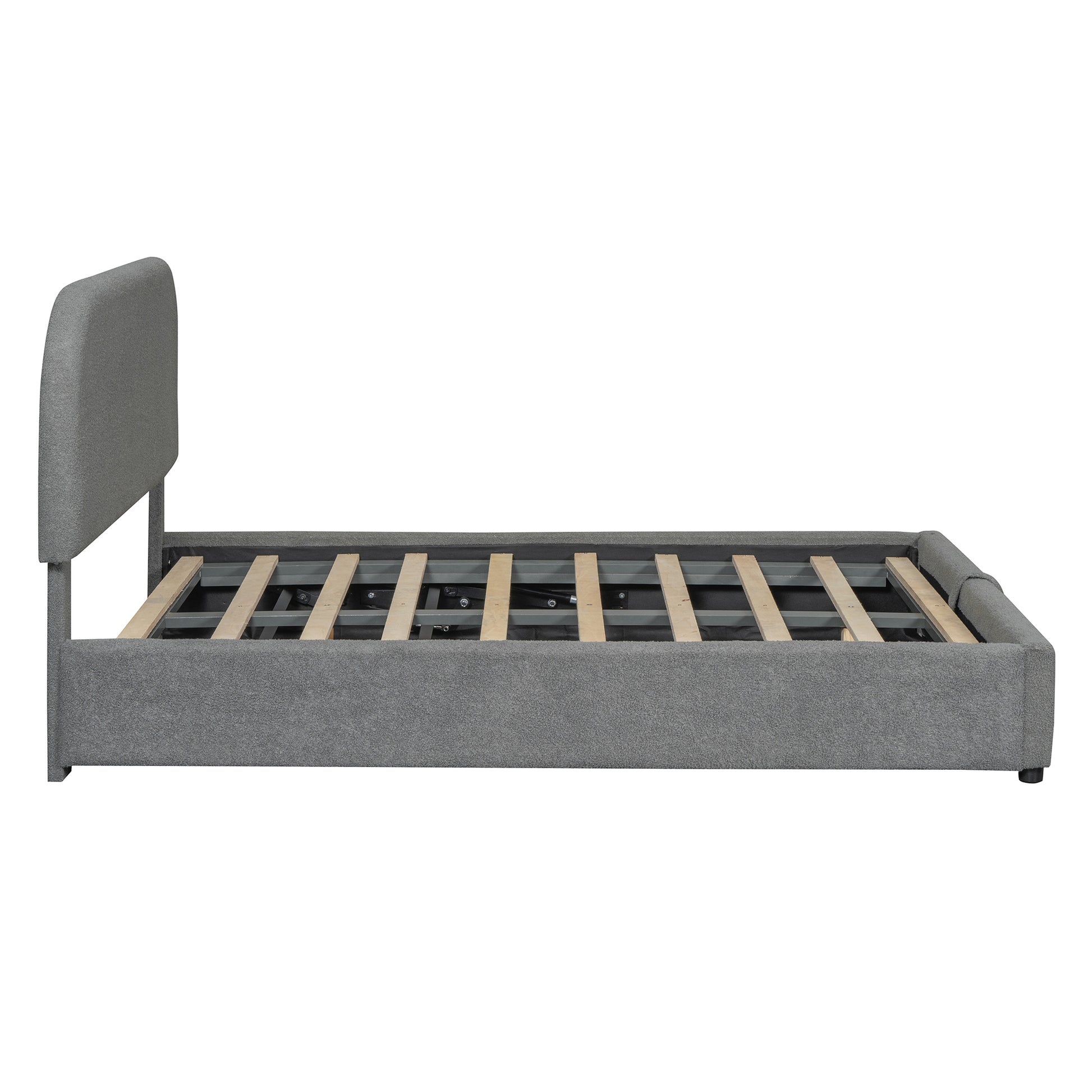 Grey upholstered platform bed frame with wooden slats and a curved headboard