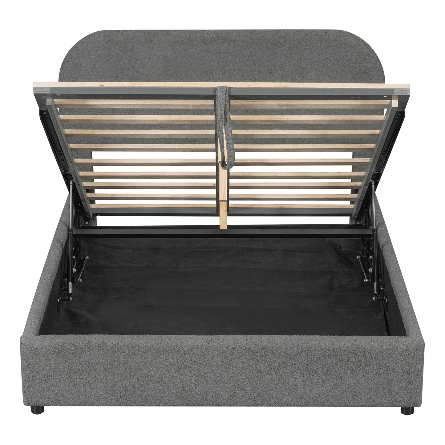 Grey fabric bed frame with open storage compartment and wooden slats