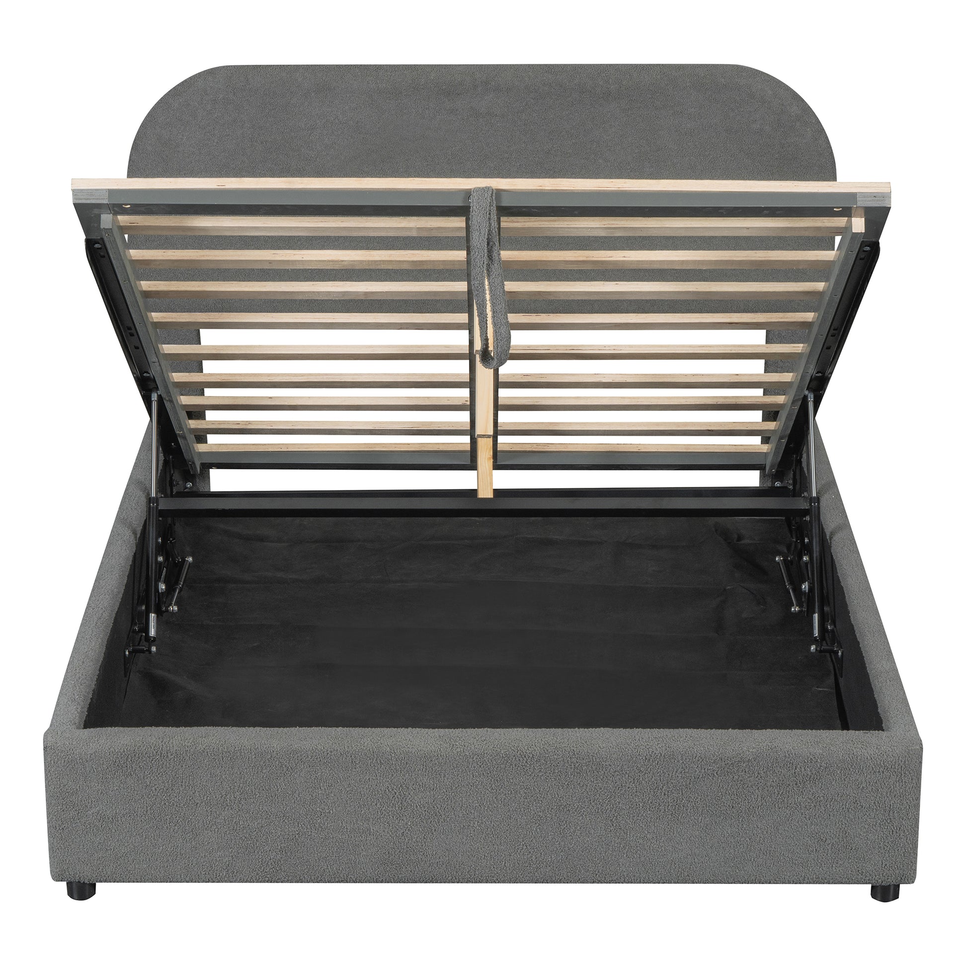 Grey fabric bed frame with open storage compartment and wooden slats