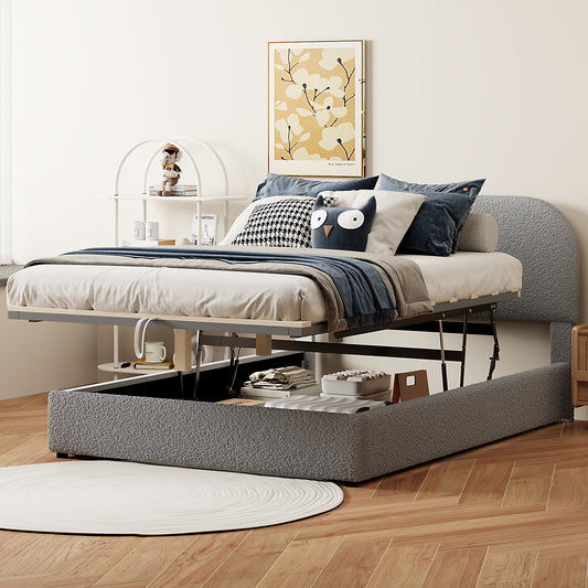 Grey upholstered lifttop storage bed frame with metal mechanism shown