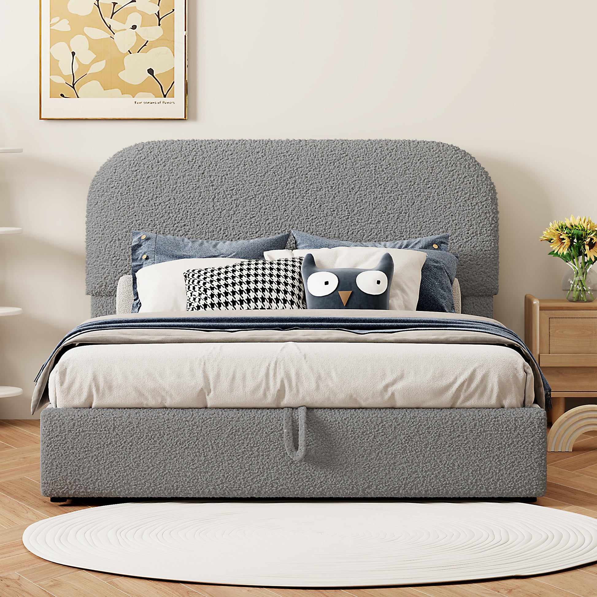 Cozy grey teddy fabric bed frame with builtin storage and plush bedding