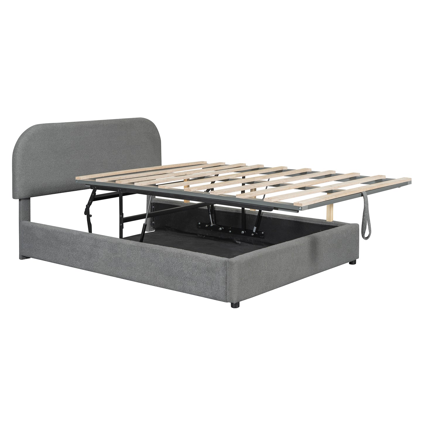 Grey fabric bed frame with liftup ottoman storage mechanism revealed