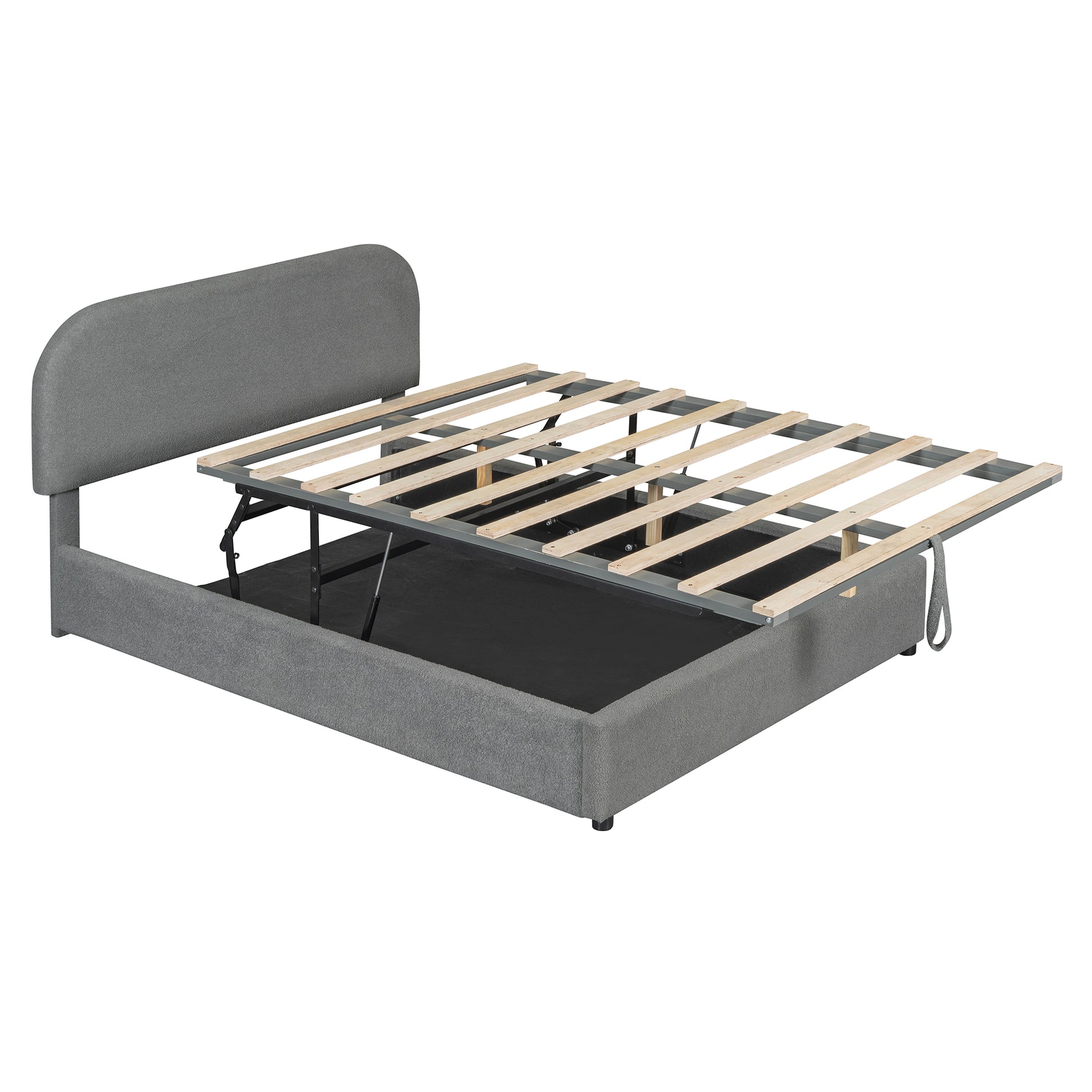 Grey upholstered bed frame with open storage and slatted base