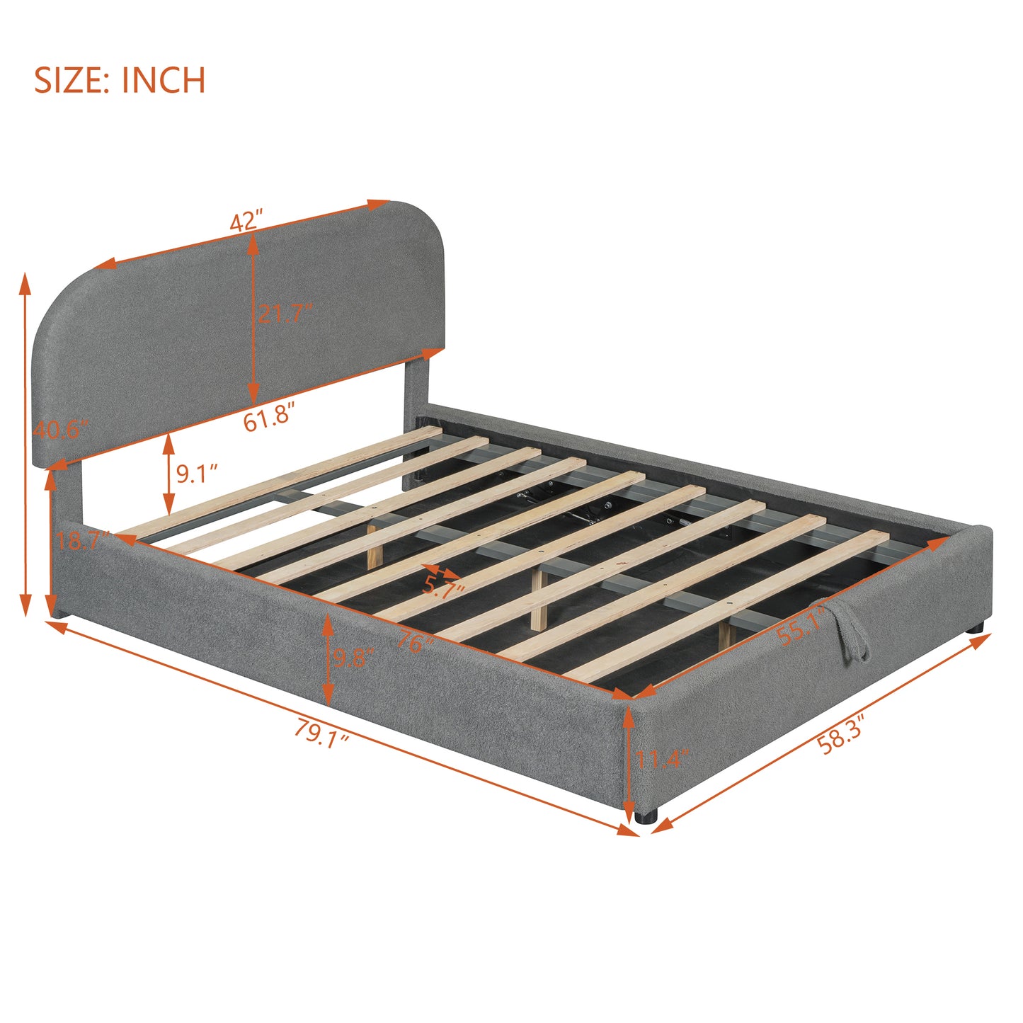 Gray upholstered bed frame with slatted support and dimensions