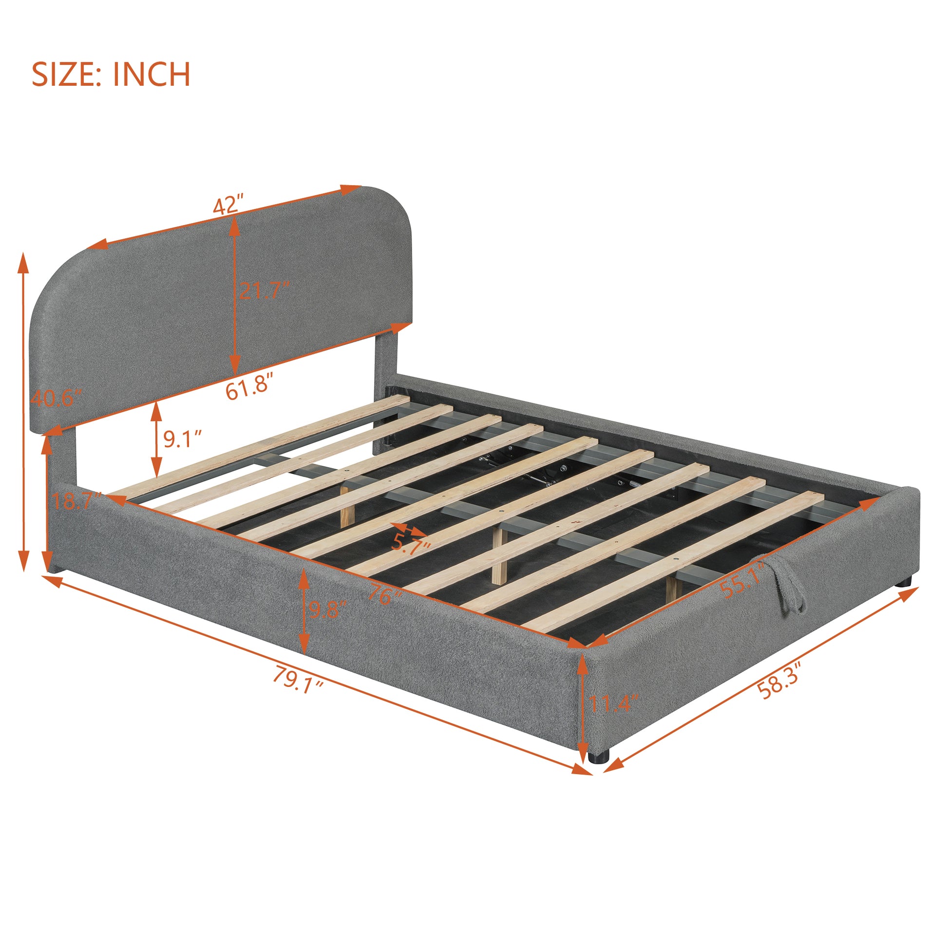 Gray upholstered bed frame with slatted support and dimensions