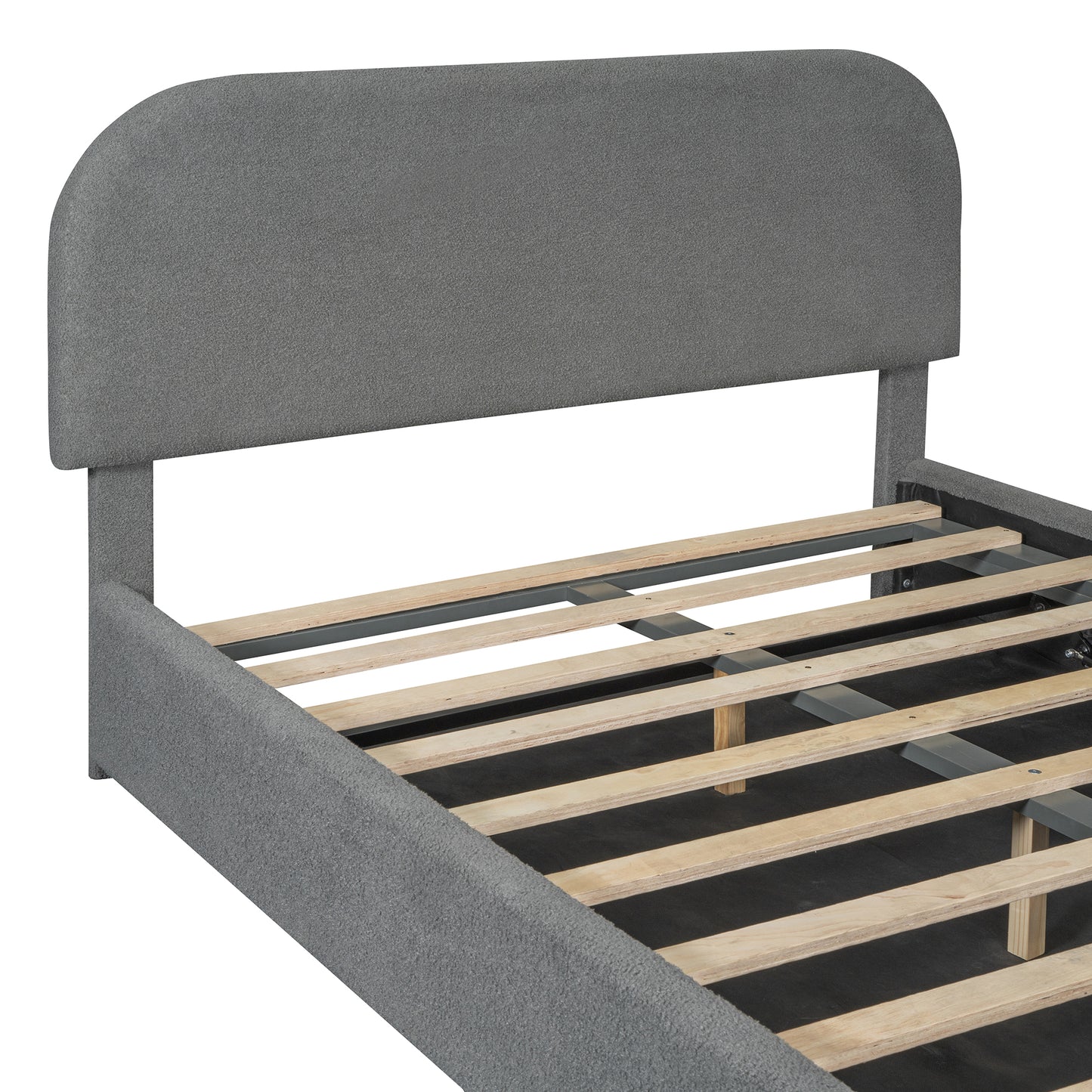 Gray upholstered bed frame with slatted wooden base