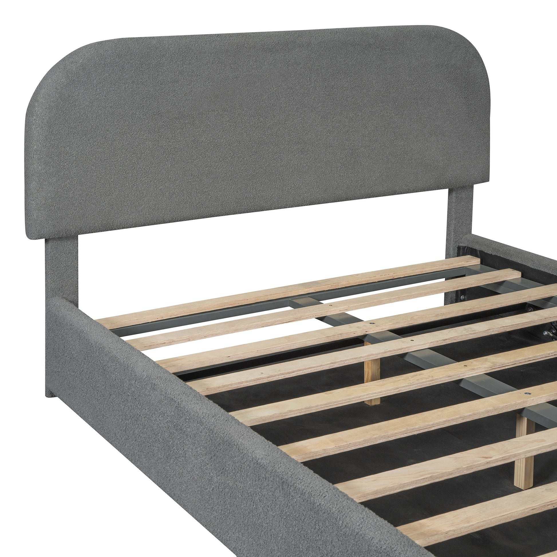Gray upholstered bed frame with slatted wooden base